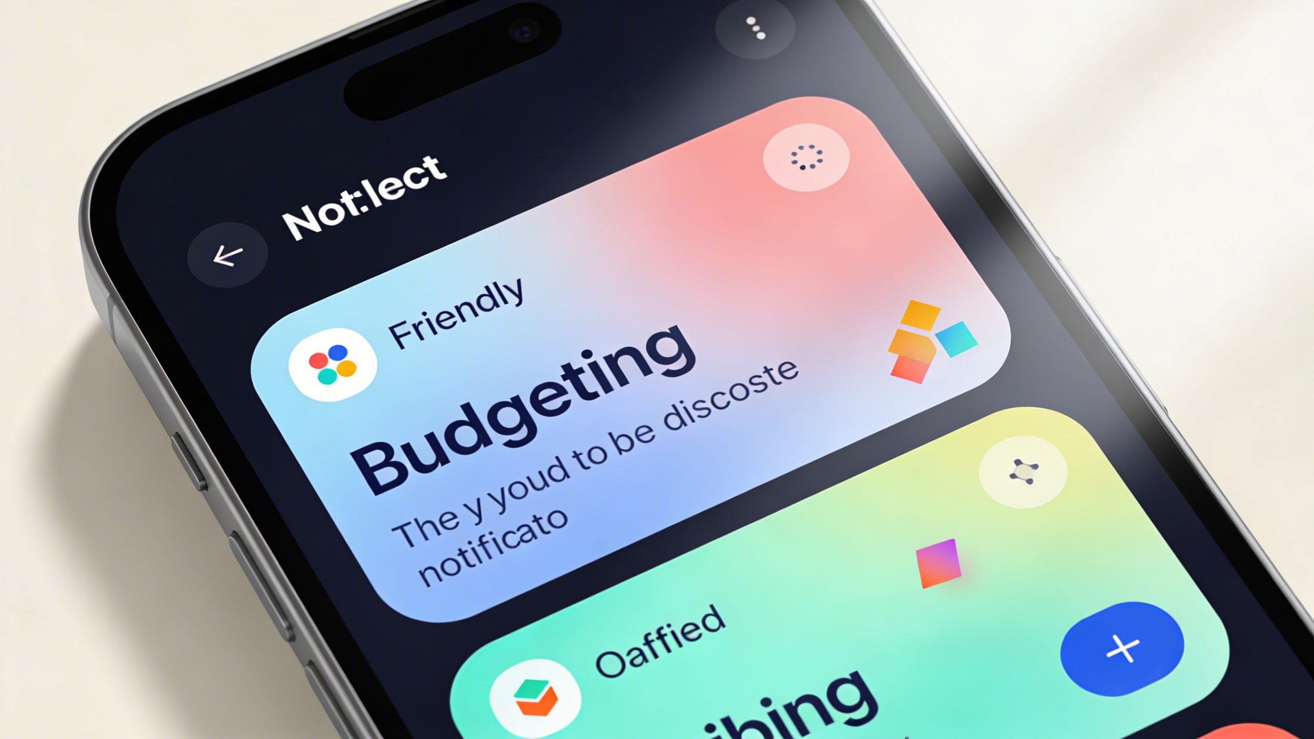 Closeup of a friendly, colorful budgeting app notification on a phone screen