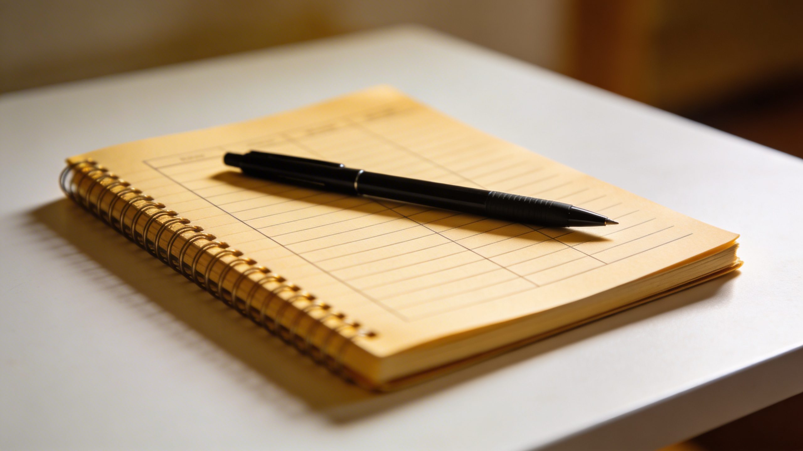 Closeup of a lined budgeting notebook with a pen on a clean desk