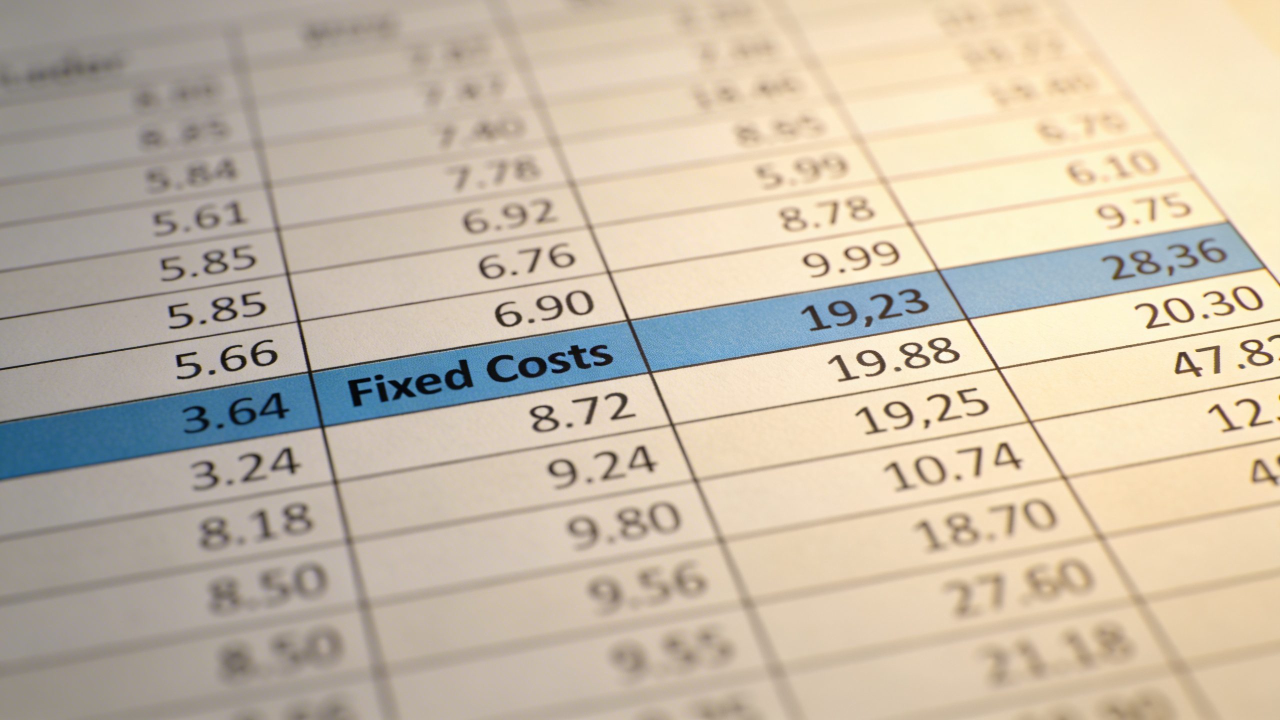 closeup of a ledger/spreadsheet with fixed costs section highlighted