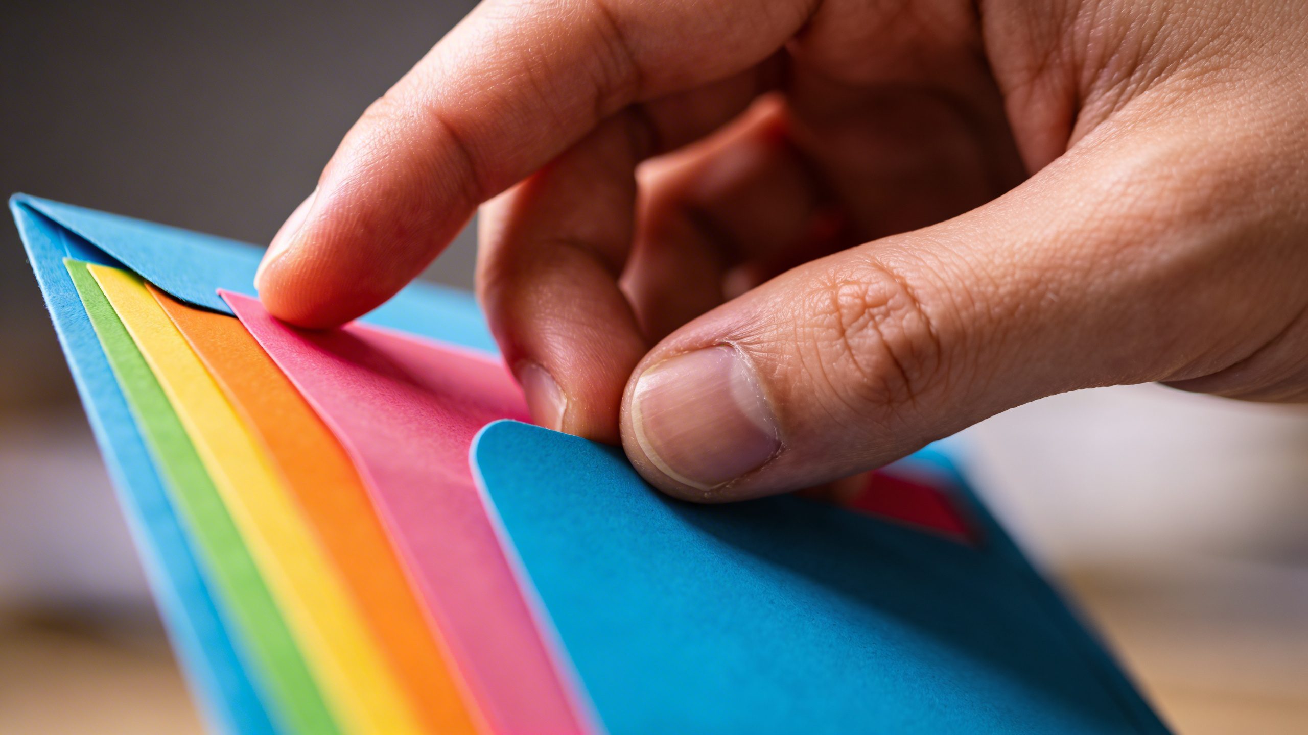 Closeup of a single person’s hand adjusting a colorful budget envelope