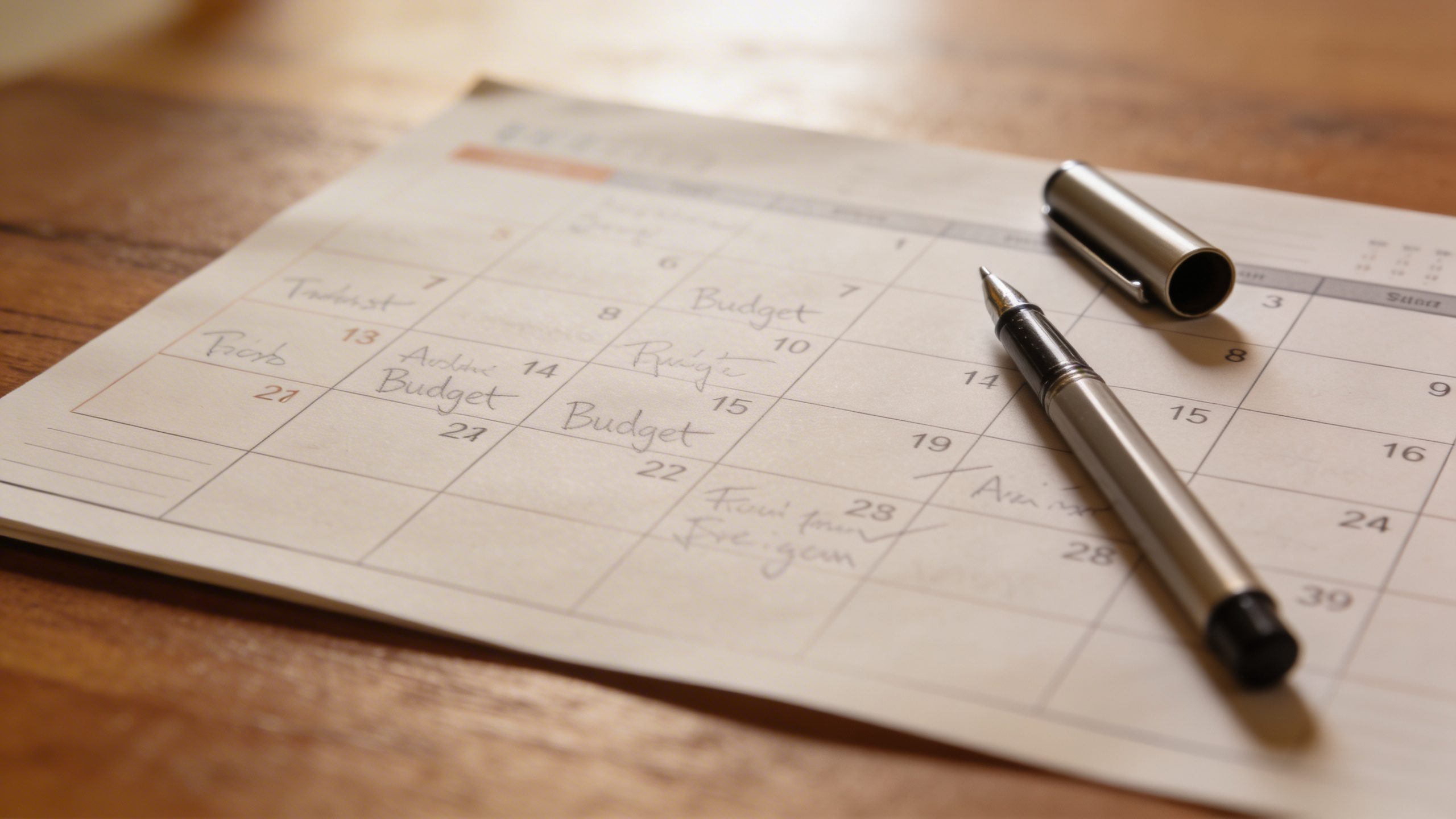 Focused shot of a lone calendar page with budget notes and a pen