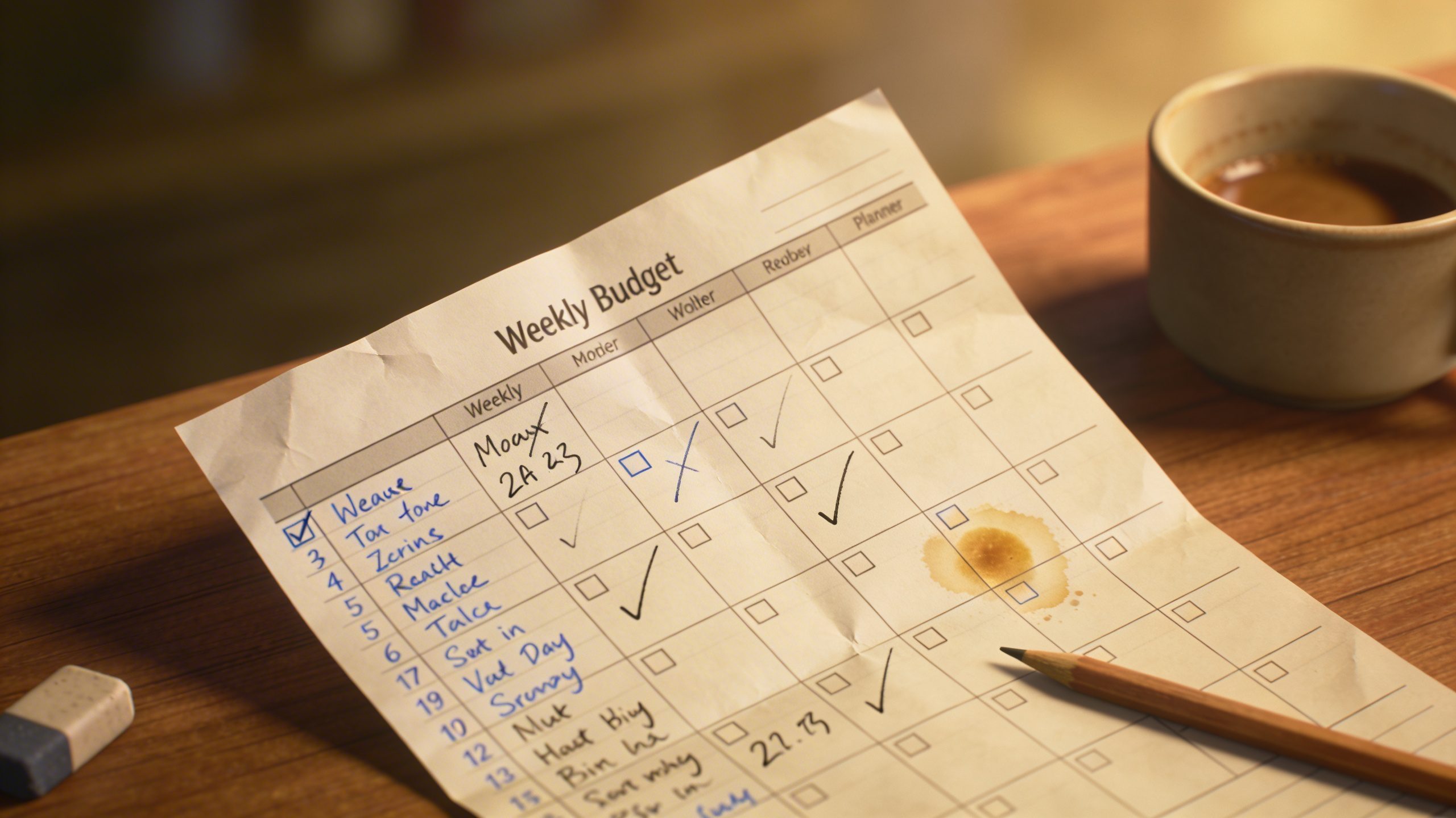 Closeup of a single weekly budget planner page being filled