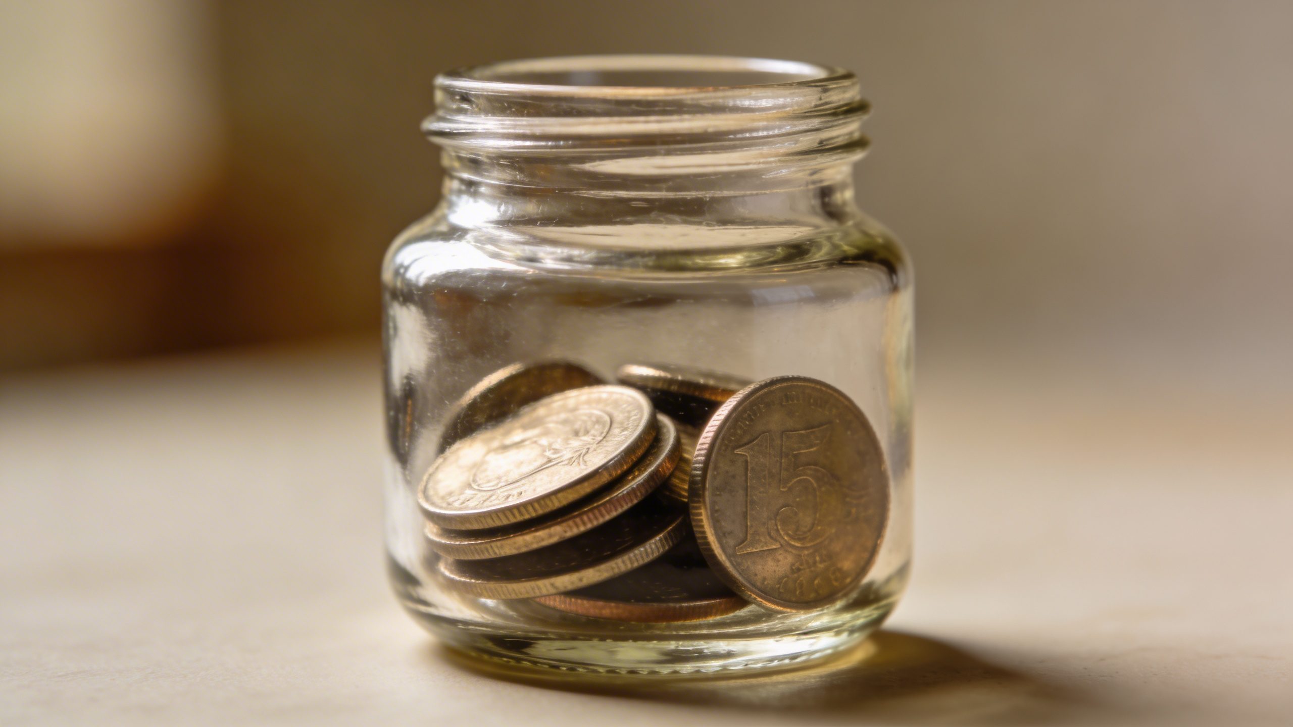 Closeup of a single glass jar labeled “Spending” with coins