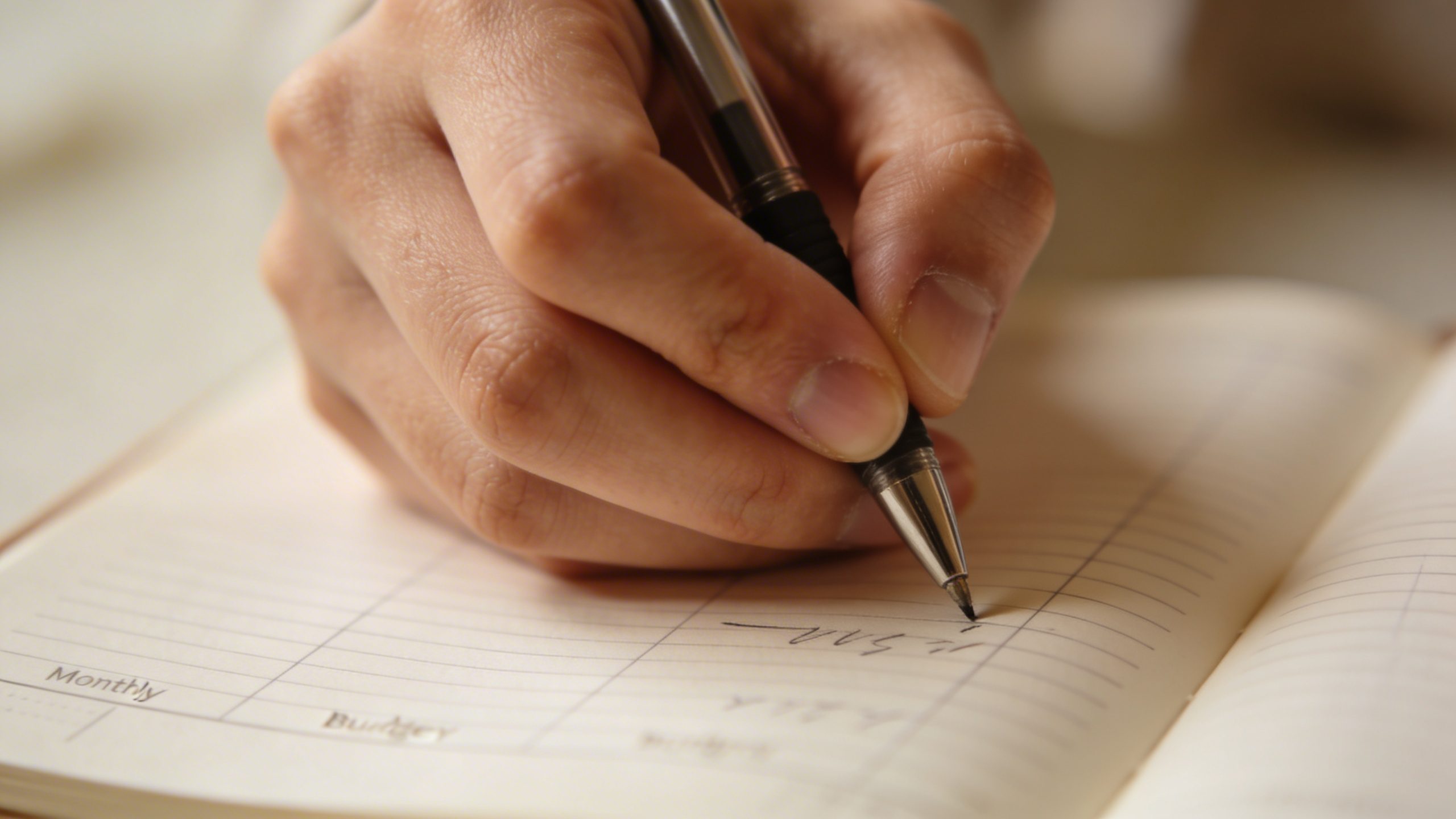 closeup of a hand writing a monthly budget notebook