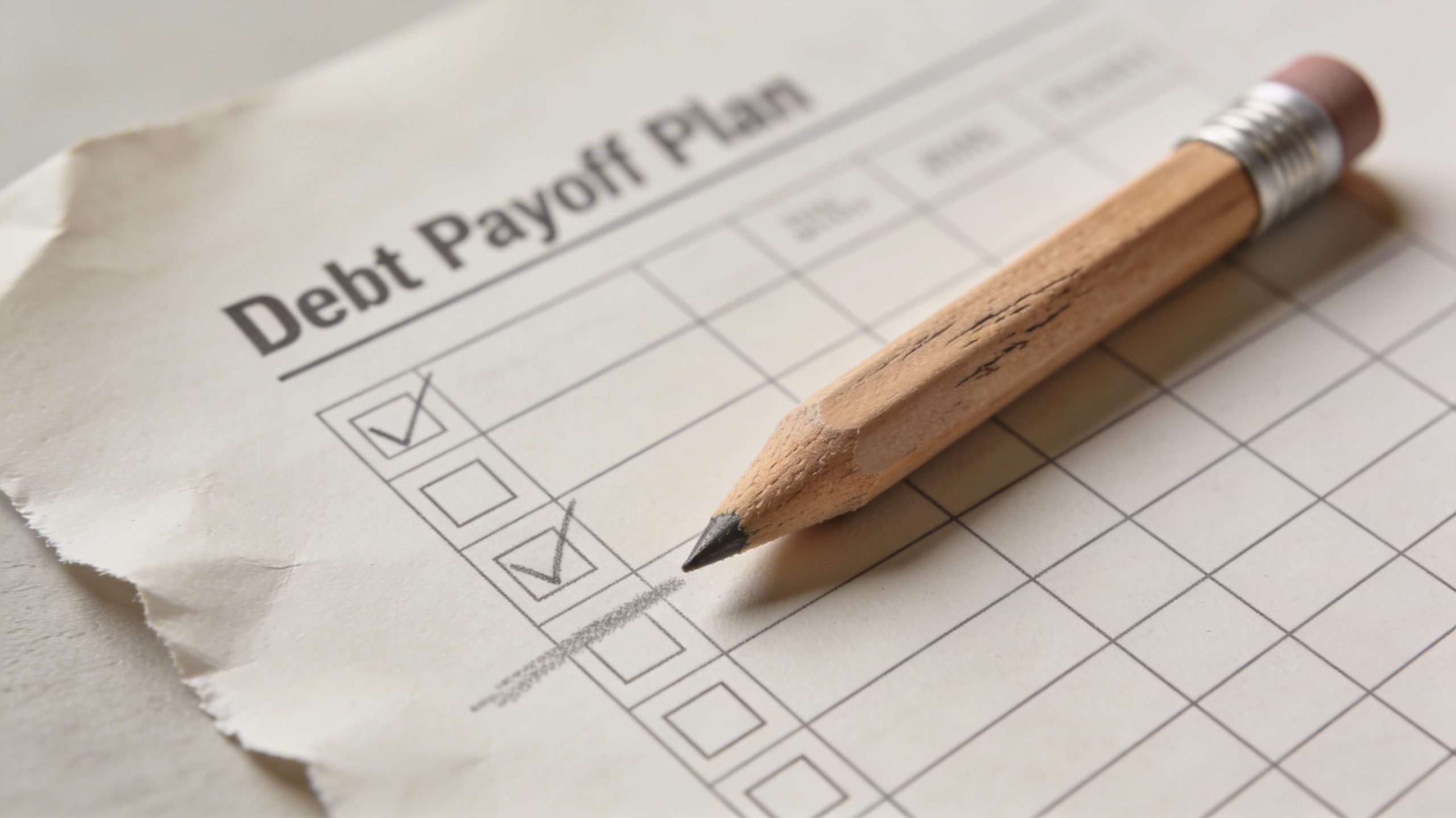 Focused shot of a lone pencil marking a debt payoff plan document