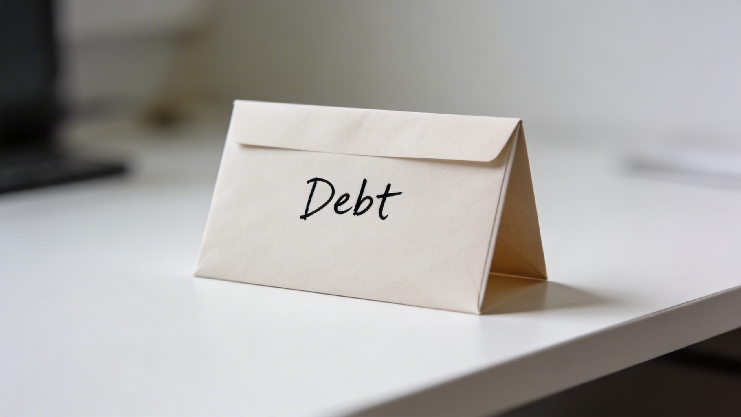 Closeup of a single envelope labeled “Debt” on a clean desk