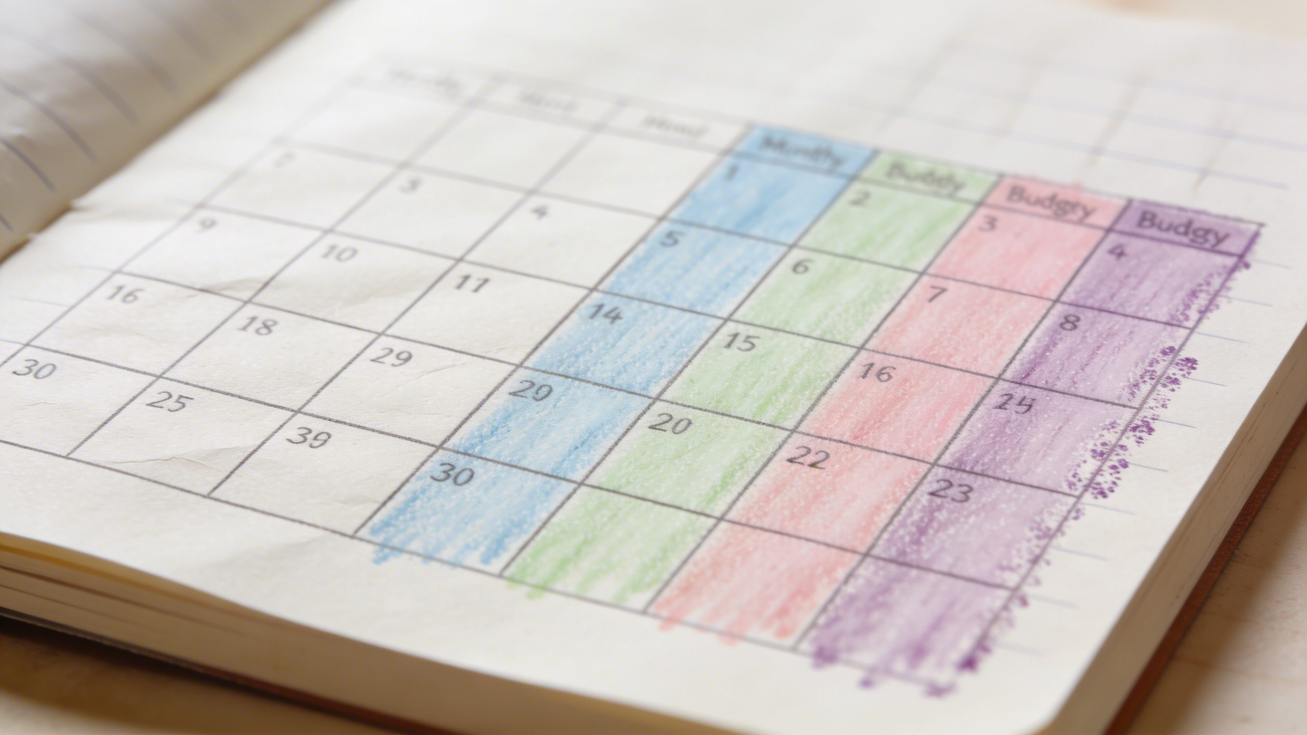 Closeup of a single notebook page showing a monthly budgeting chart