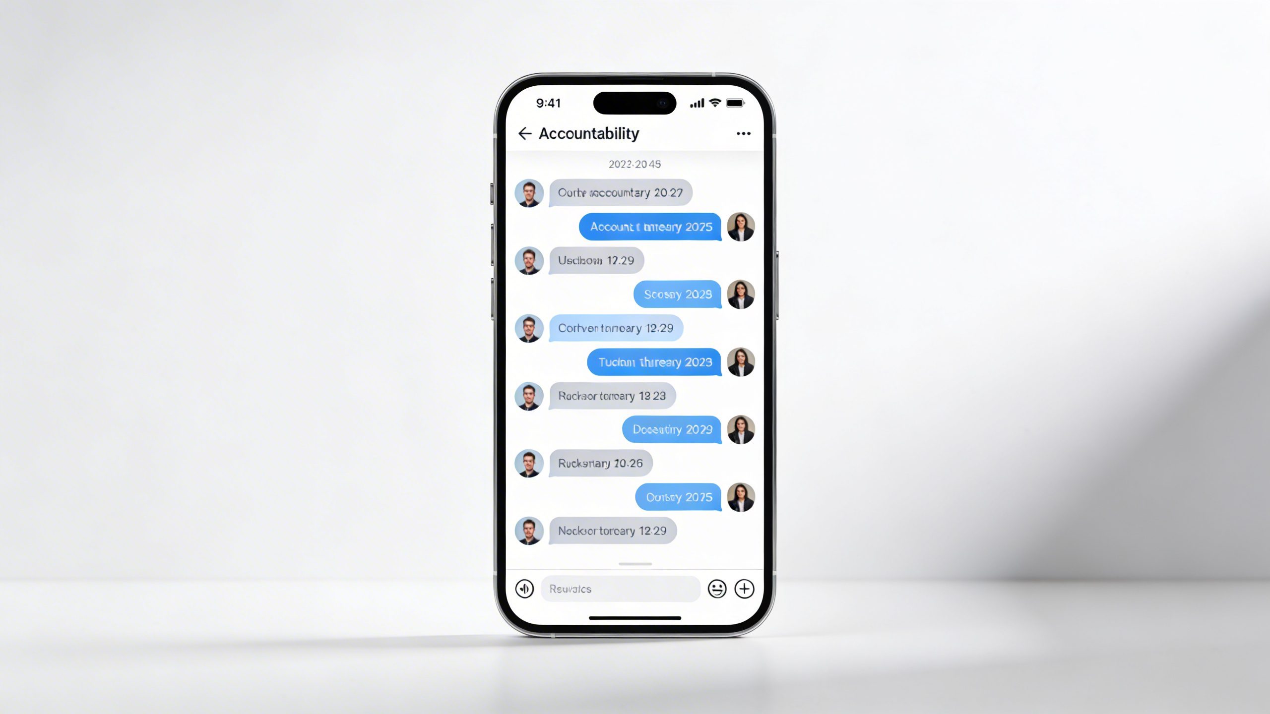 Closeup of a single phone displaying an accountability chat thread interface