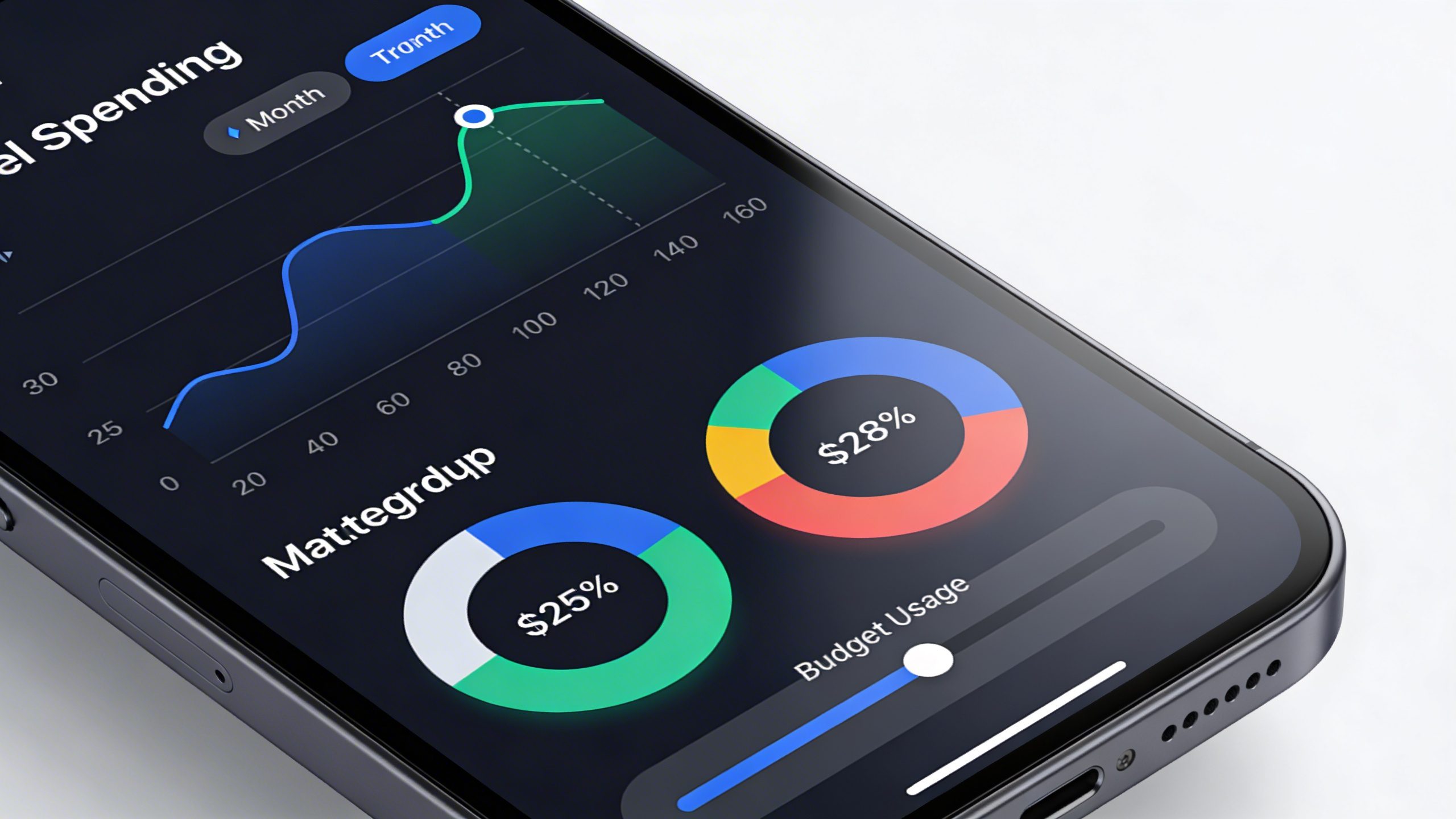 Closeup of a smartphone displaying a monthly spending app screen