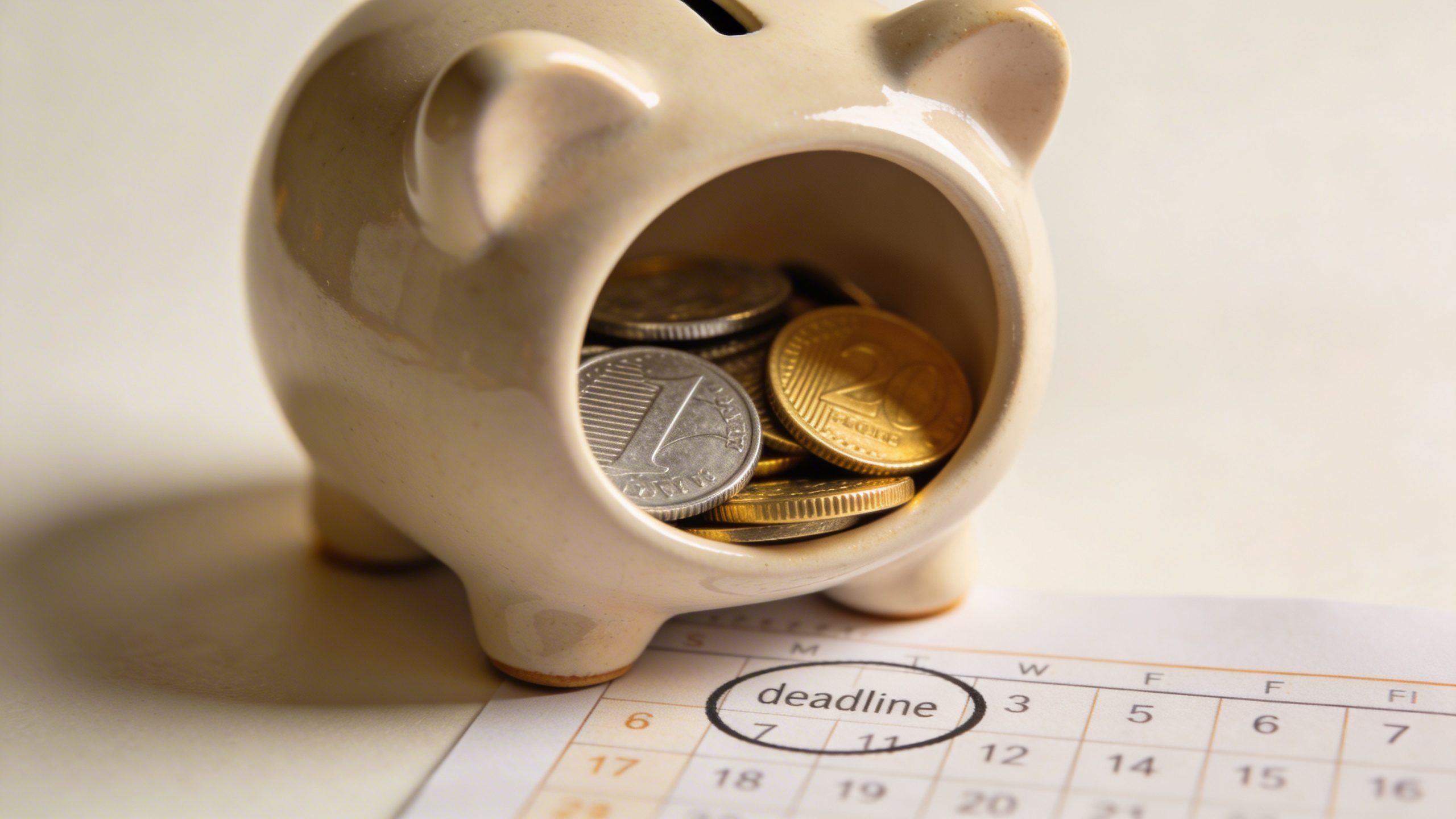 Closeup of a single piggy bank with saved coins and a tiny calendar page showing deadlines