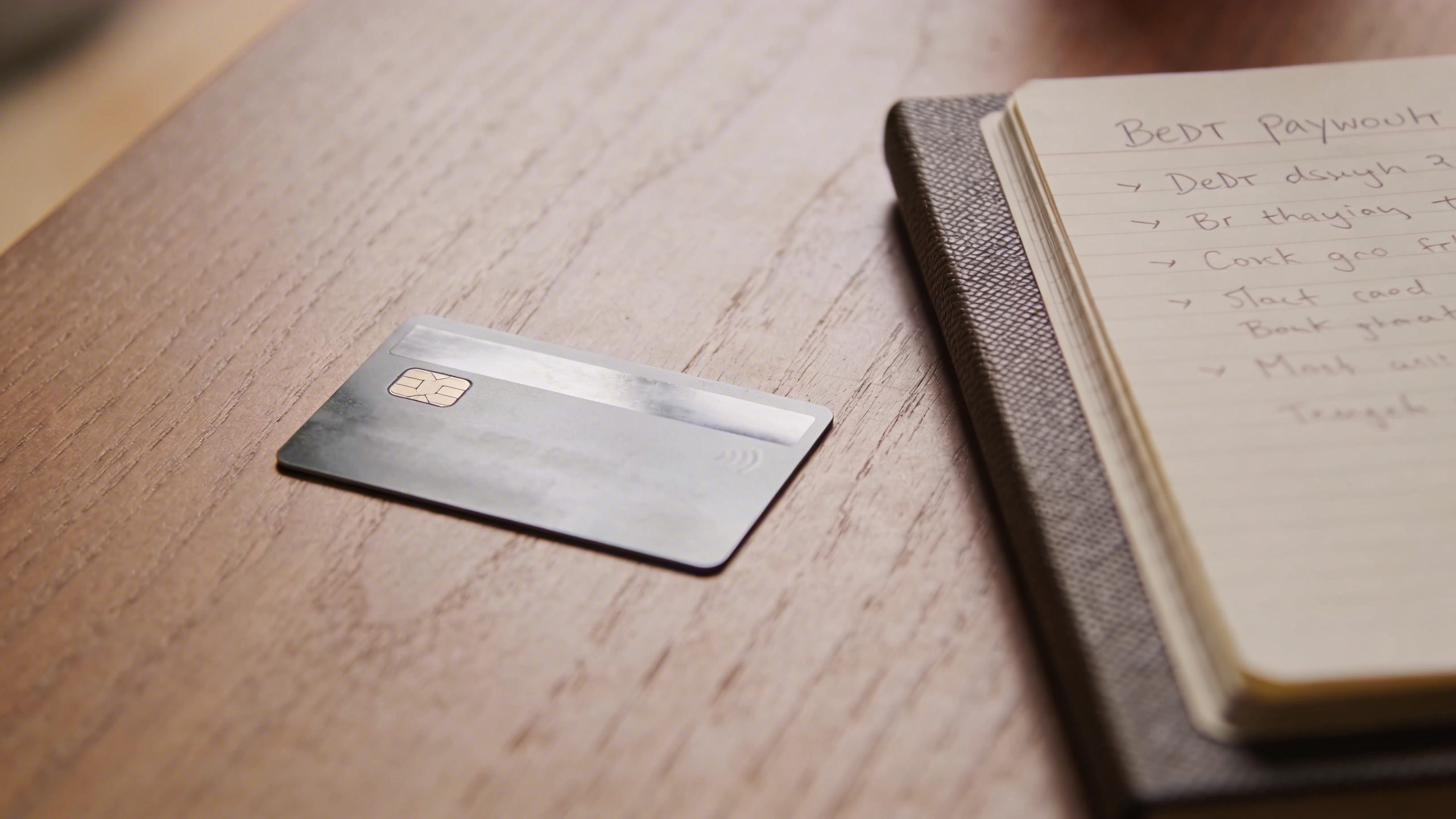 Closeup of a single credit card and debt payoff notebook