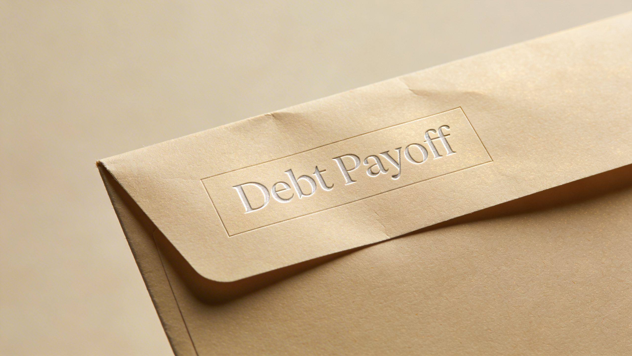 Closeup of a single budgeting envelope labeled “Debt Payoff”