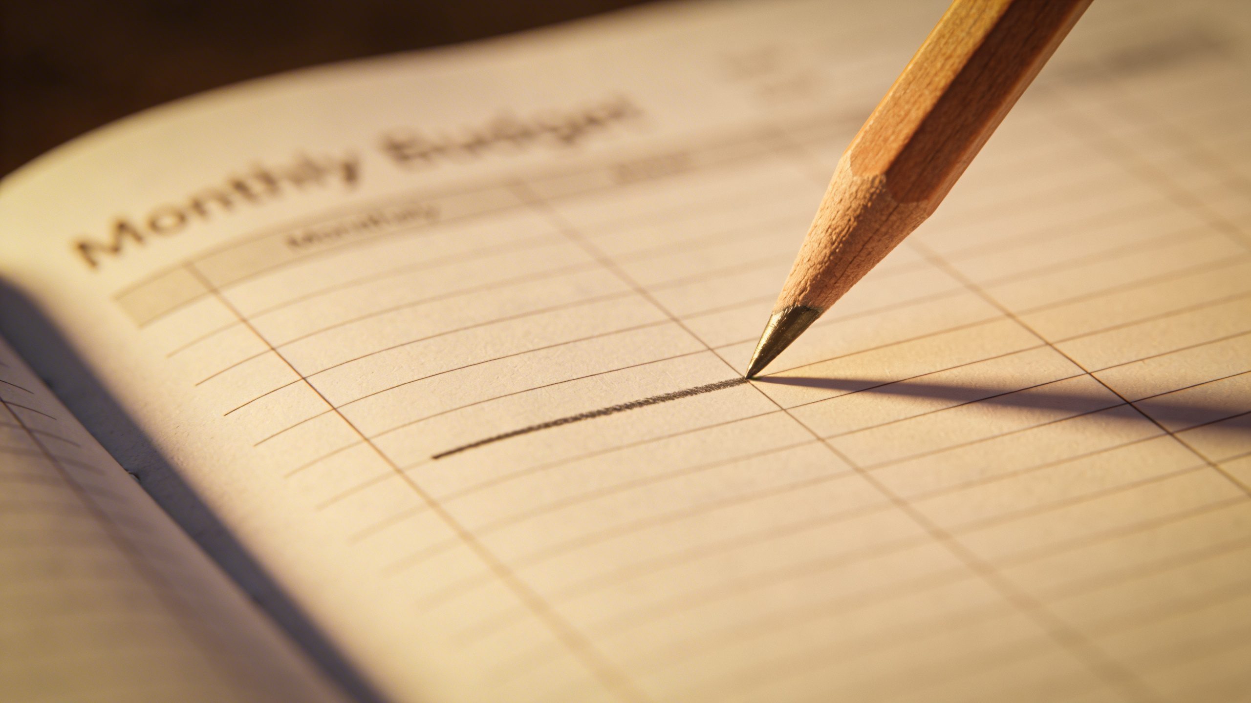 Focused shot of a single pencil marking a monthly budget ledger