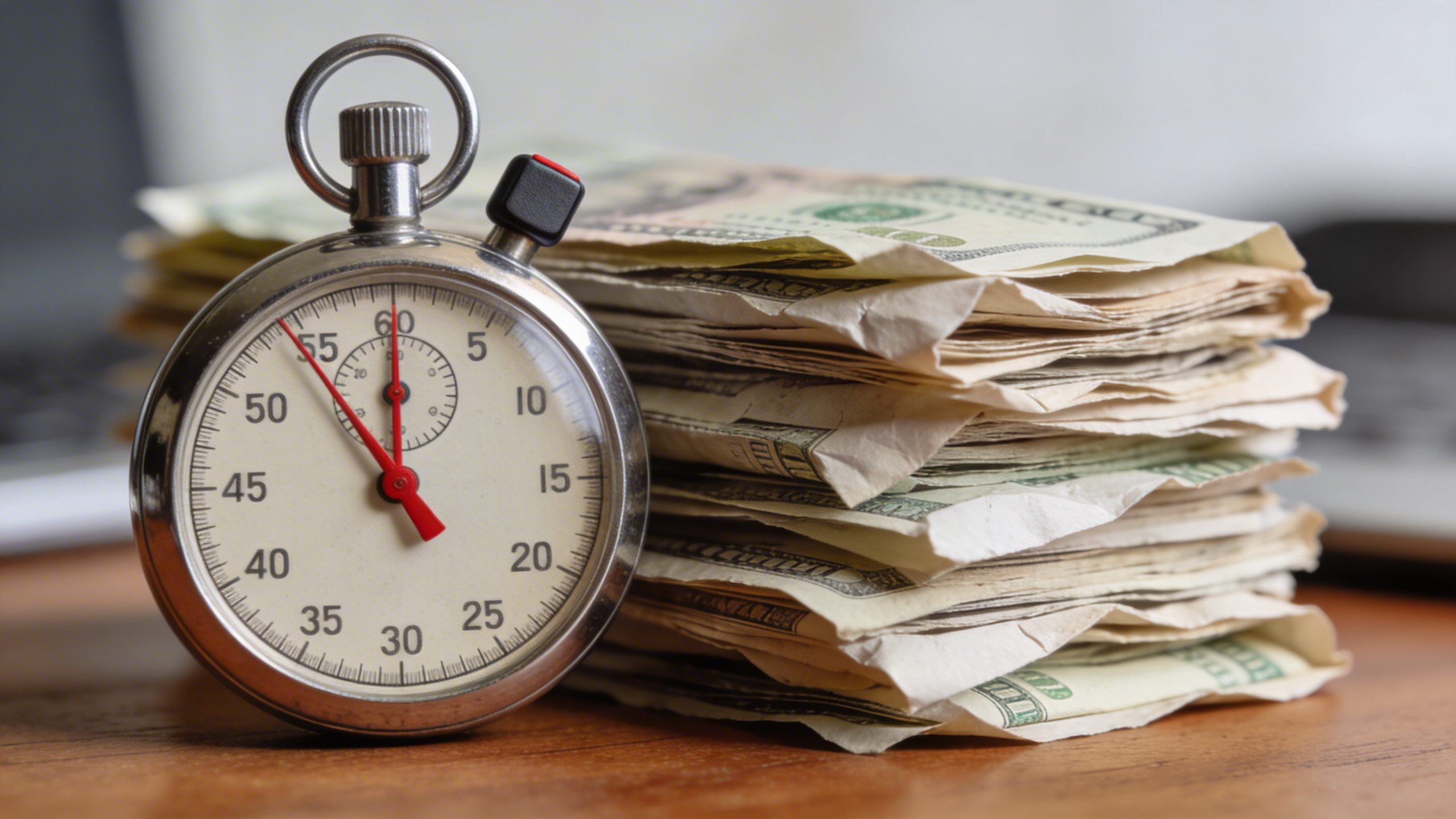 Closeup of a single alarmed stopwatch next to a bill pile on a desk