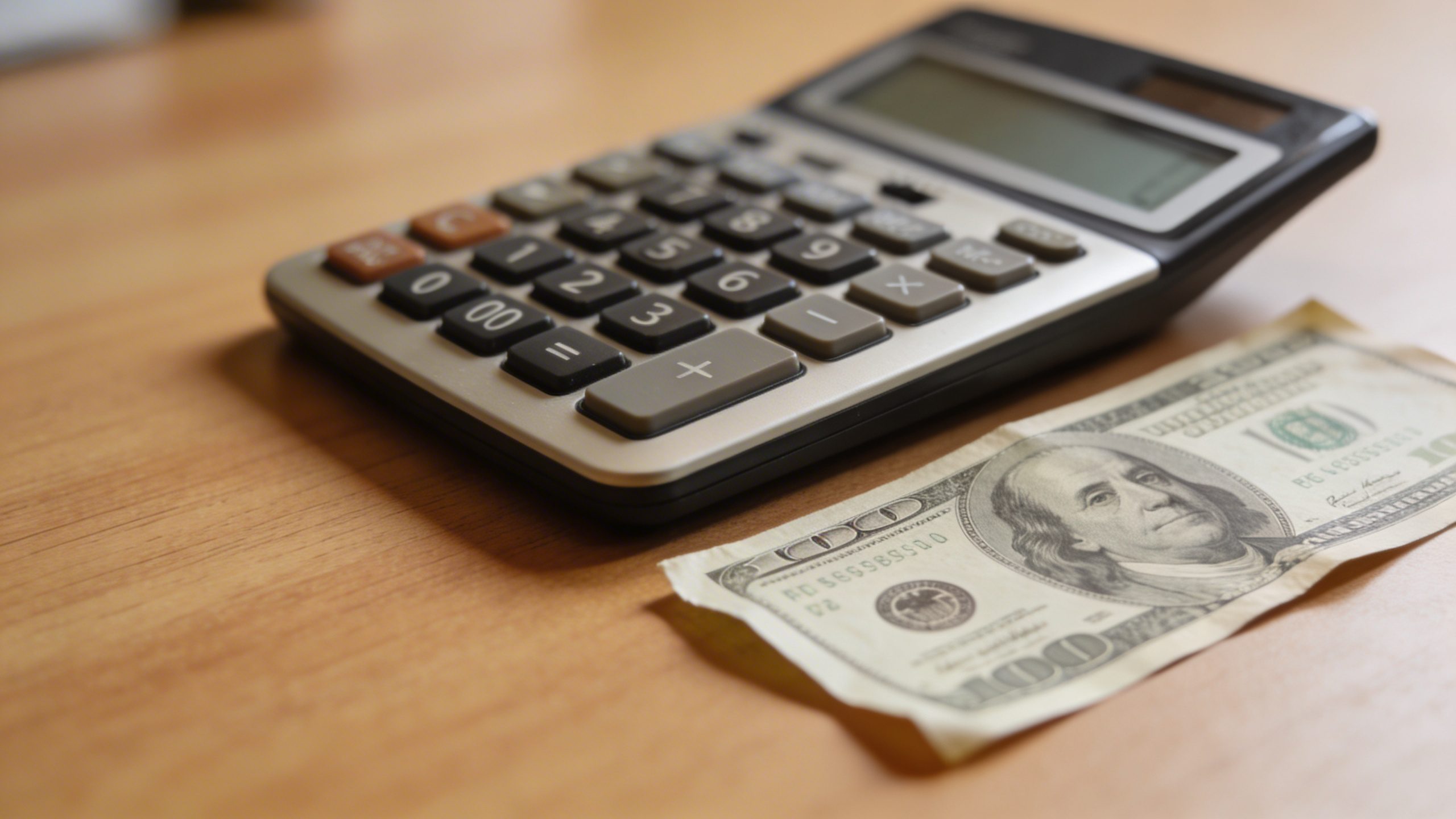 focused shot of a lone calculator with a single bill beside it