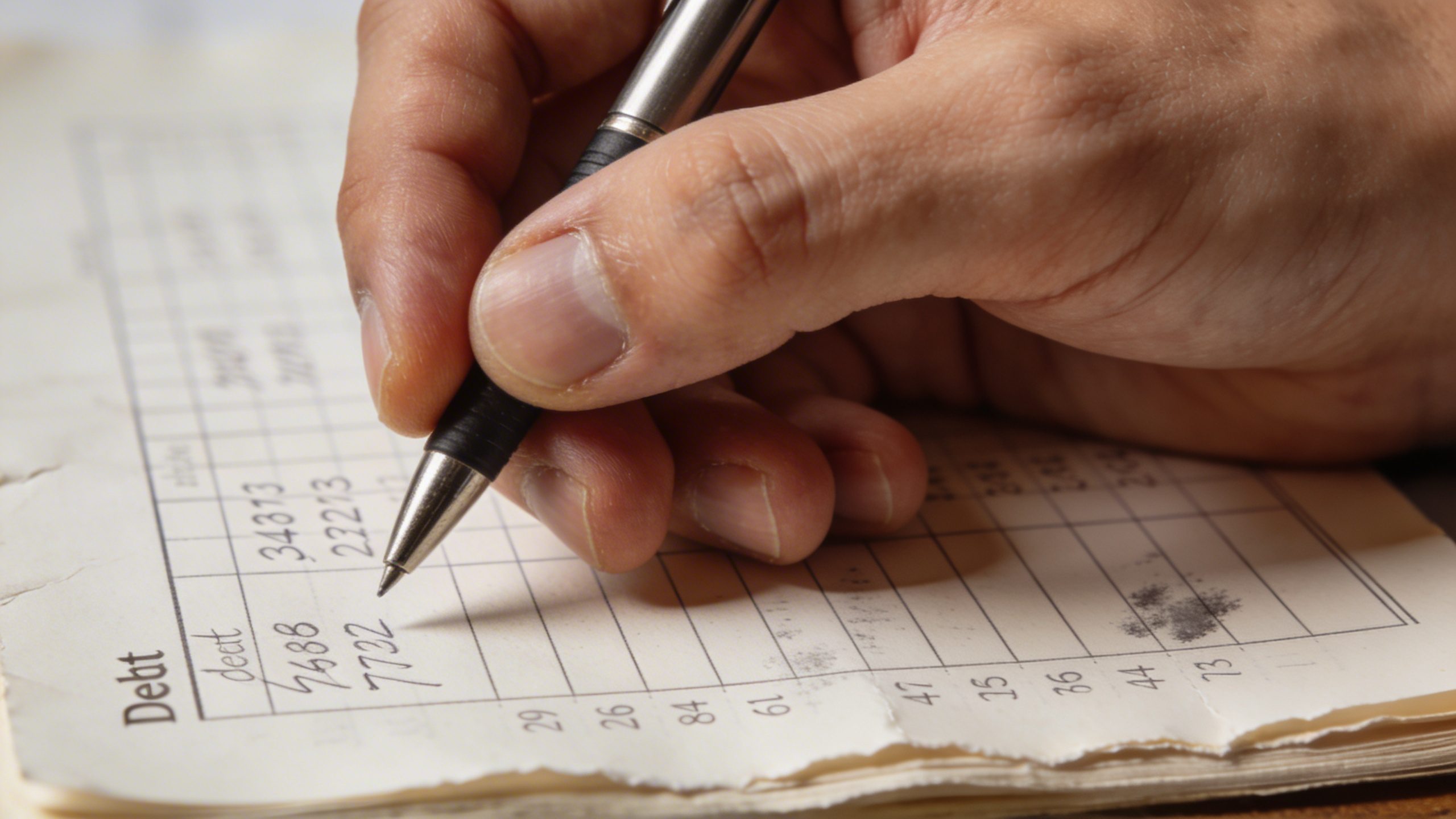 tight portrait of a hand holding a pen over a debt ledger page