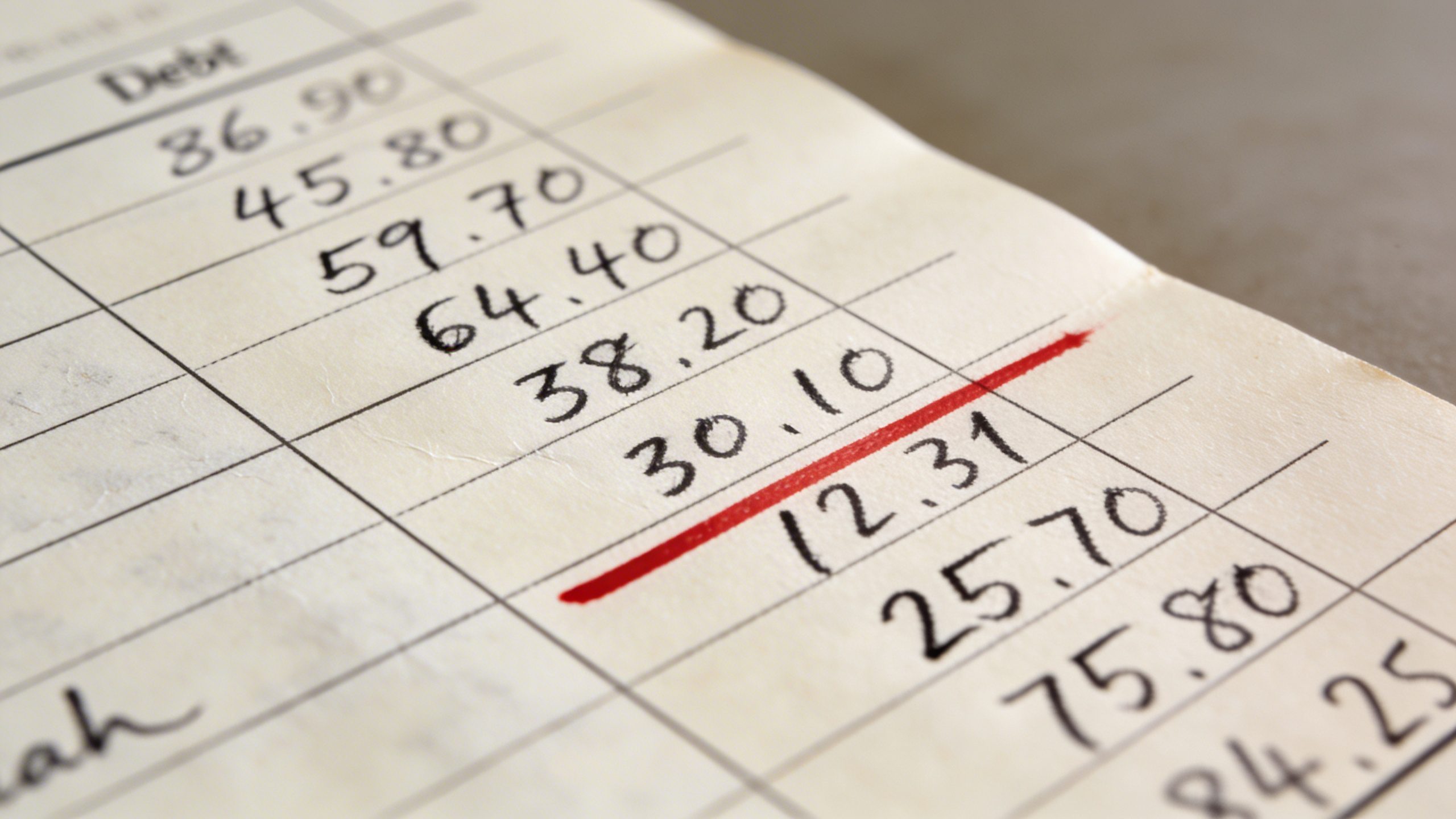 Closeup of a single debt balance ledger page with highlighted high-interest line item in red ink