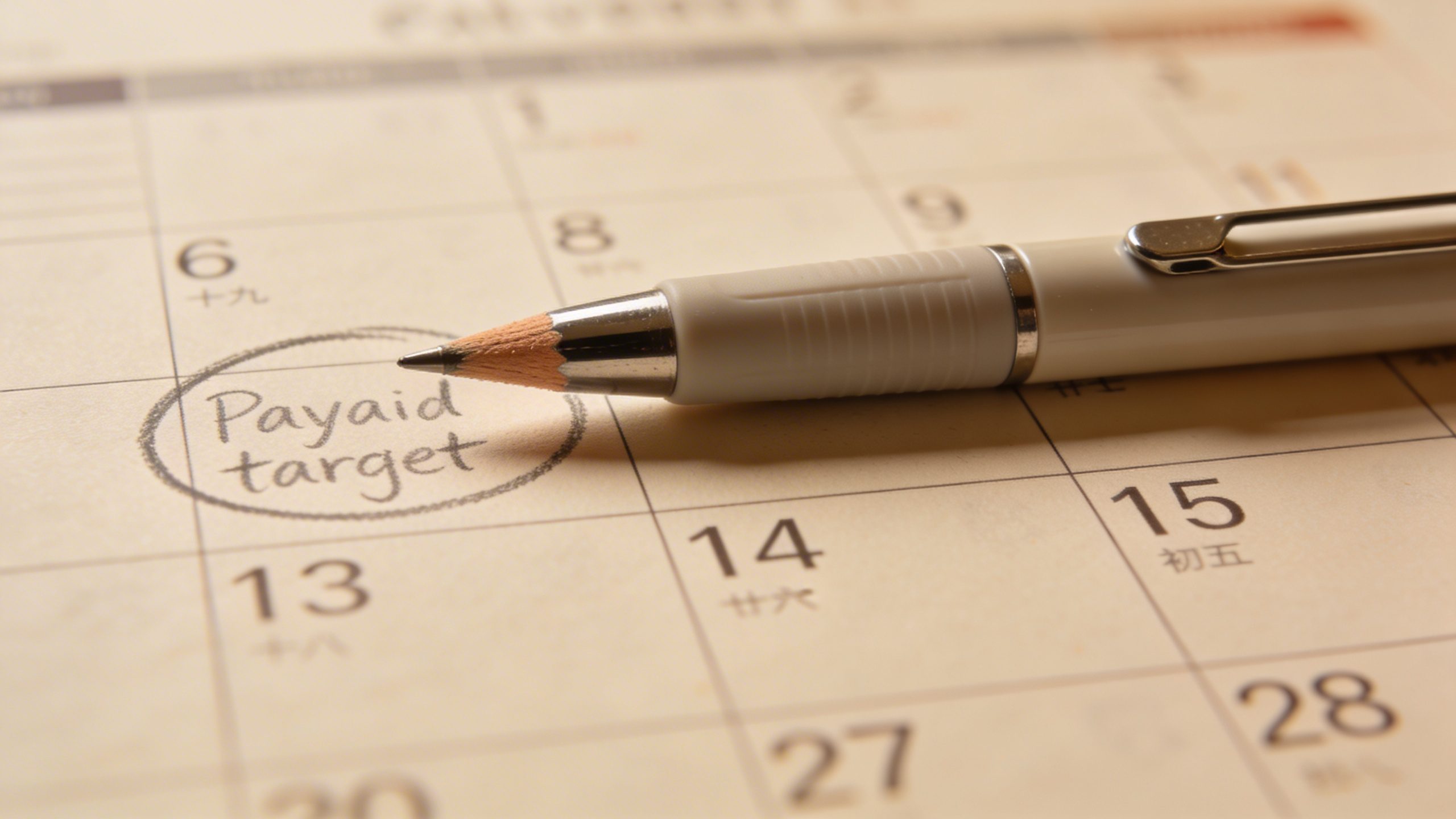 Closeup of a calendar page showing a payoff target date, with a single pen resting on the page