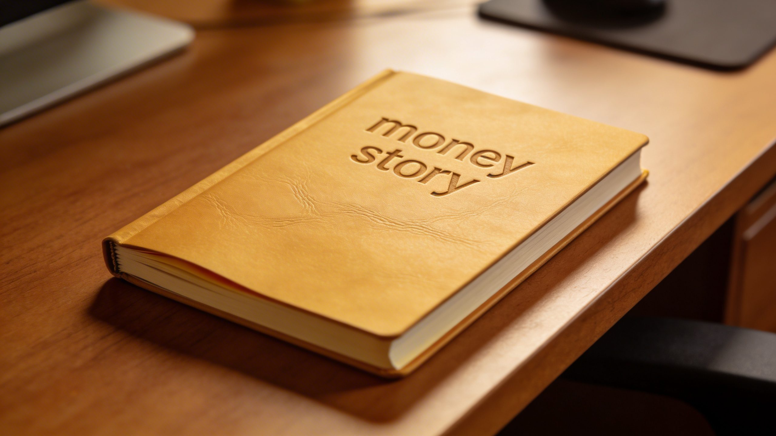 closeup of a single notebook titled “money story” on a desk