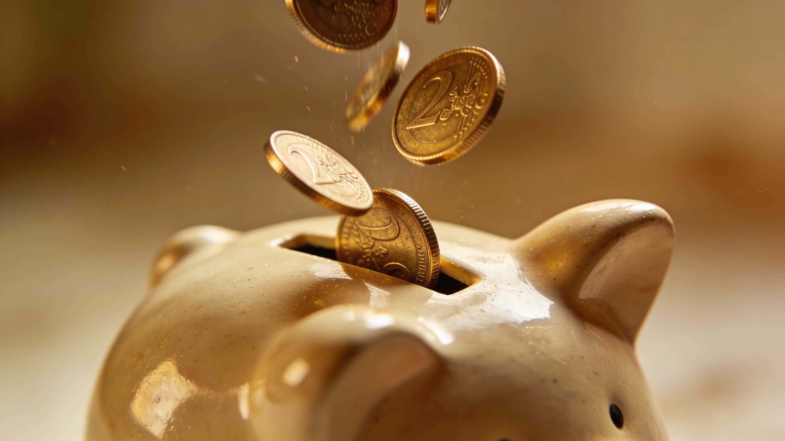 closeup of a single piggy bank with coins mid-counting