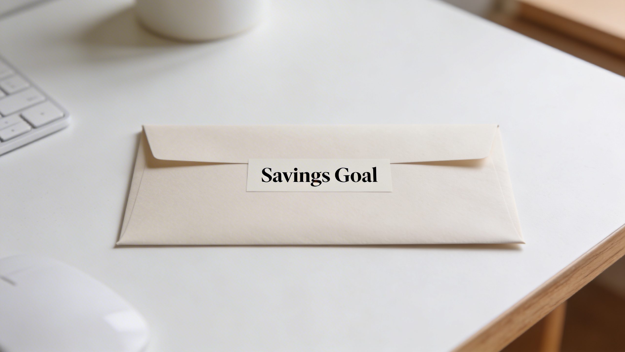 Closeup of a single envelope labeled “Savings Goal” on a clean desk