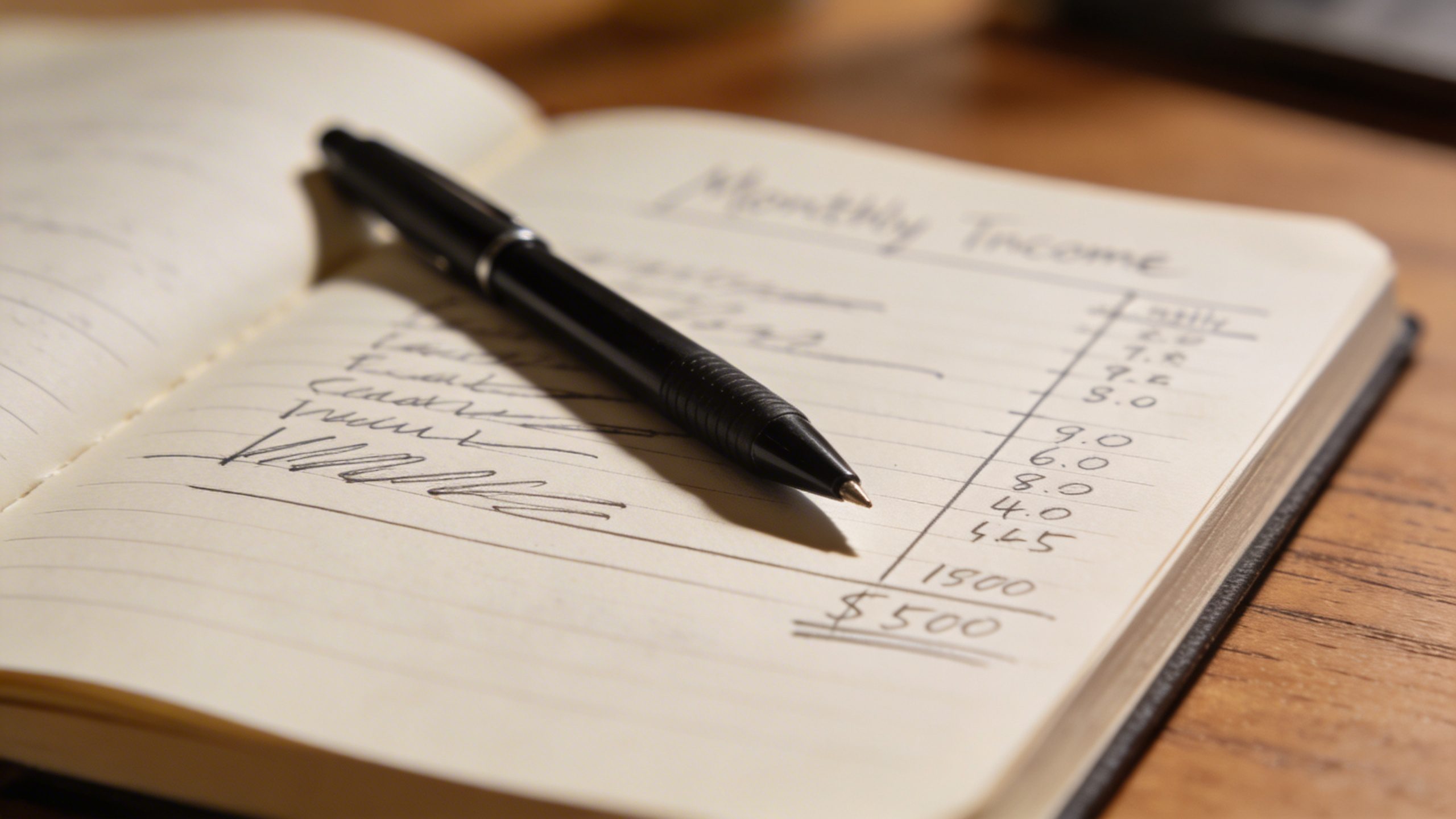 Closeup of a single notebook and pen tallying monthly income