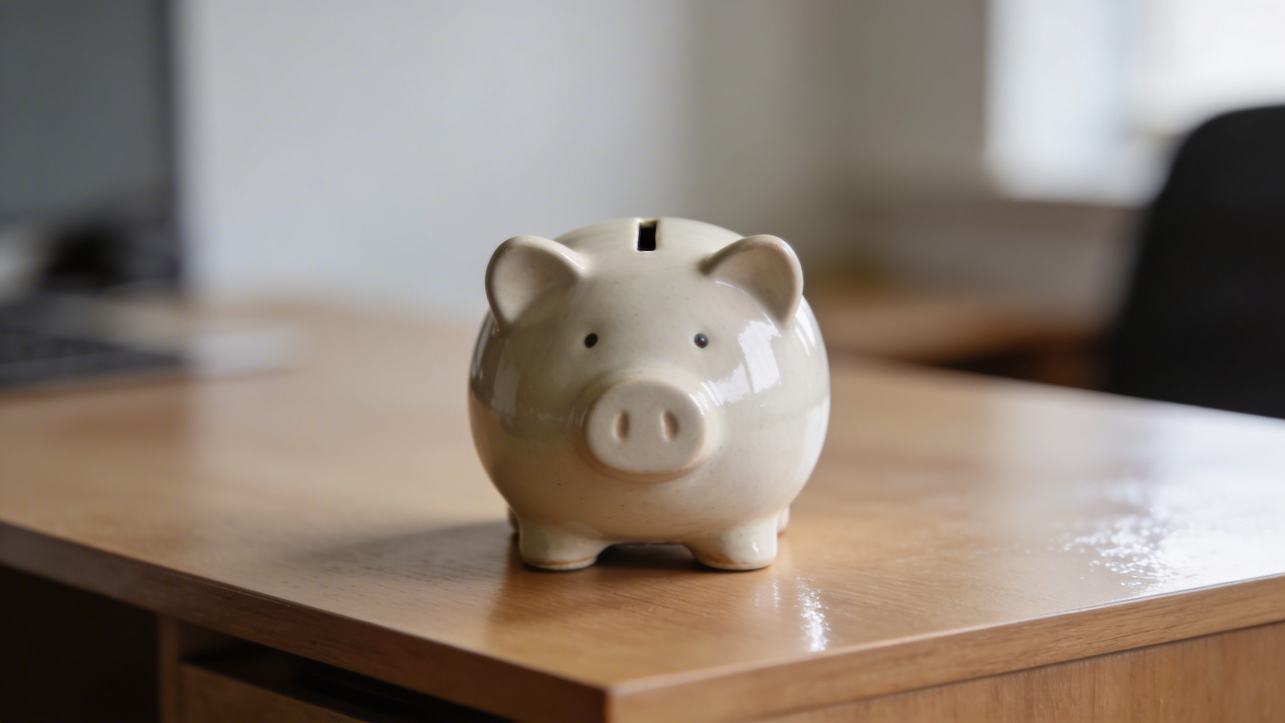 Closeup of a lone piggy bank on a clean desk