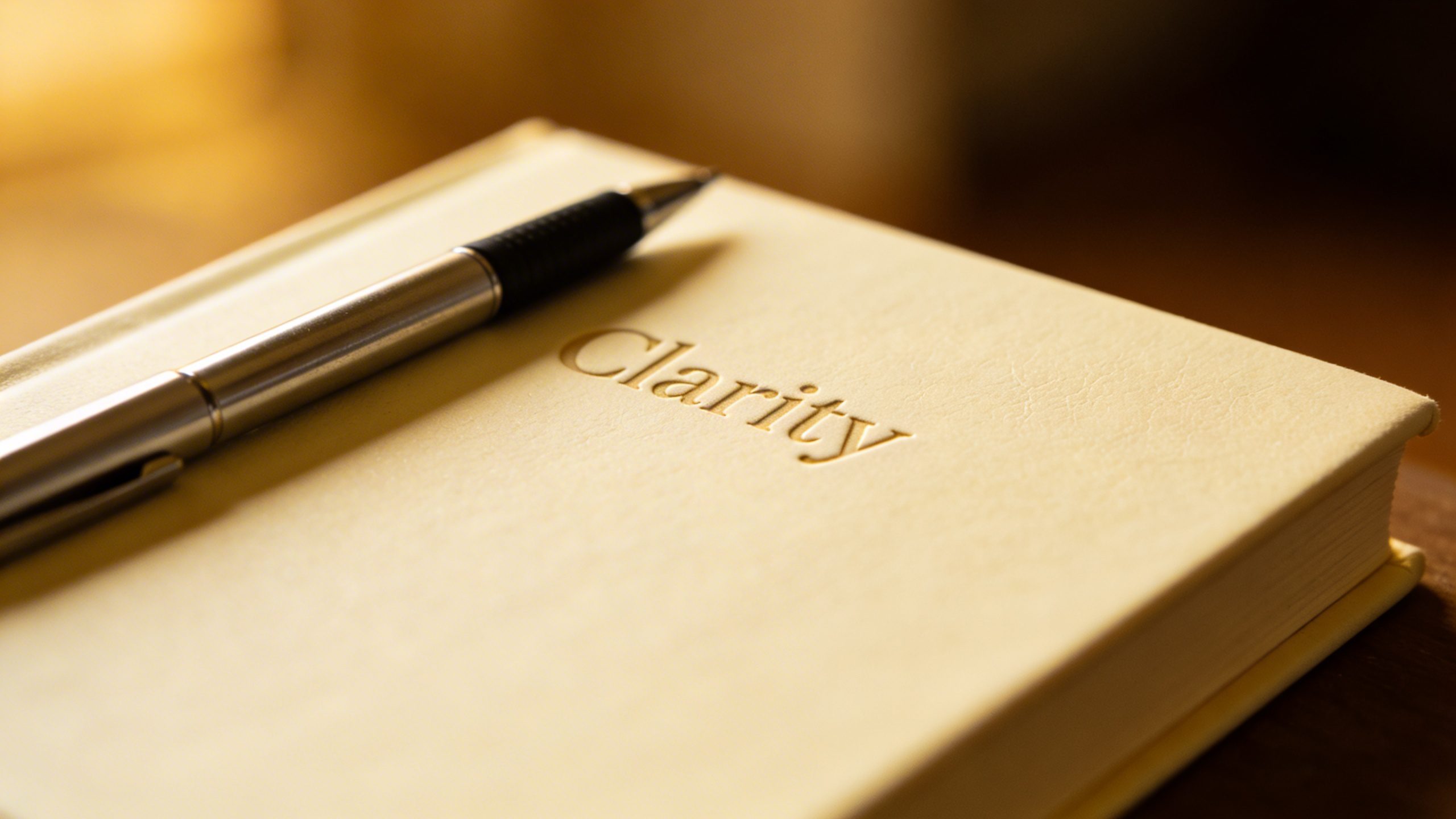 closeup of a notebook titled “Clarity” with a pen, warm lighting