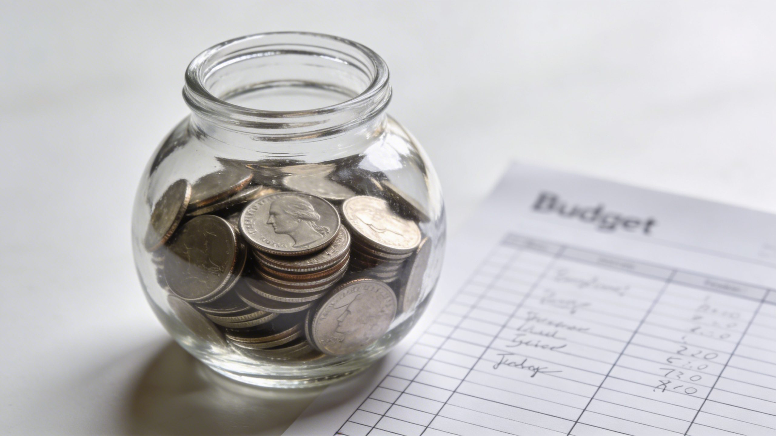 Closeup of a glass coin jar with coins stacked next to a budget sheet