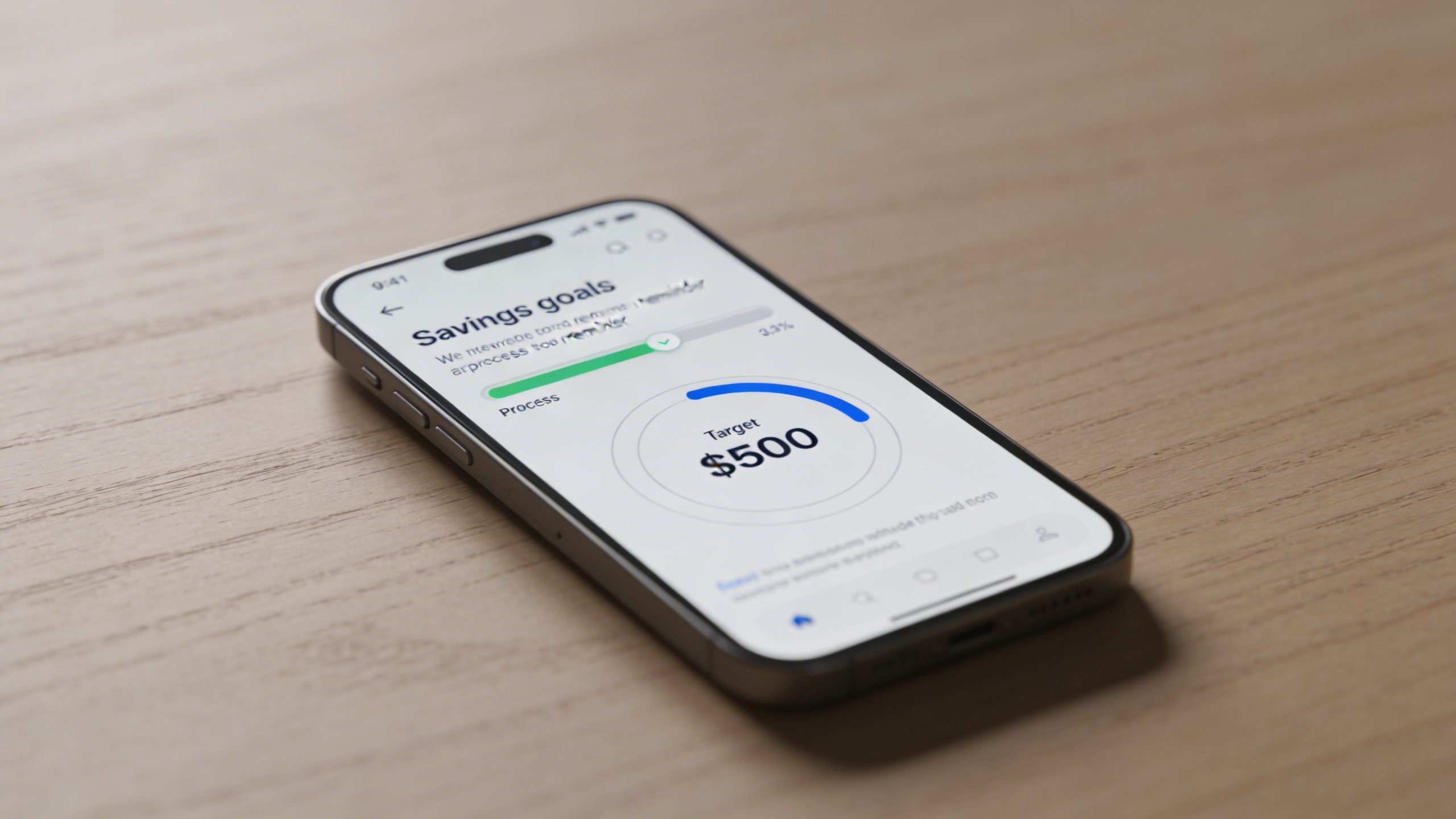 Closeup of a single phone screen showing a savings goals reminder on a plain desk