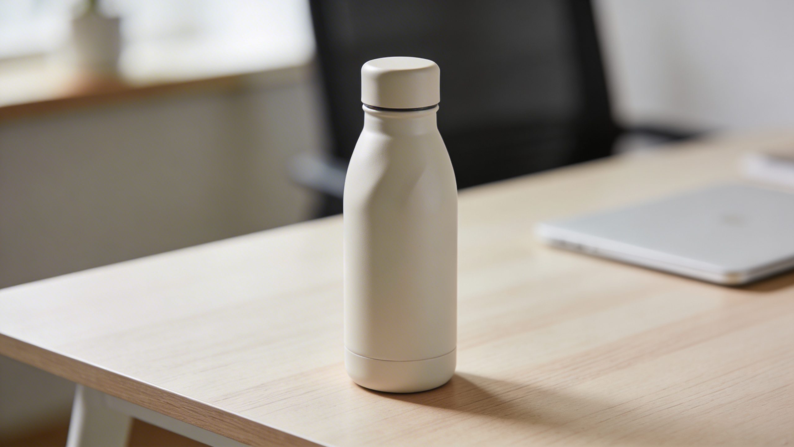 Closeup of a reusable water bottle on a minimalist desk