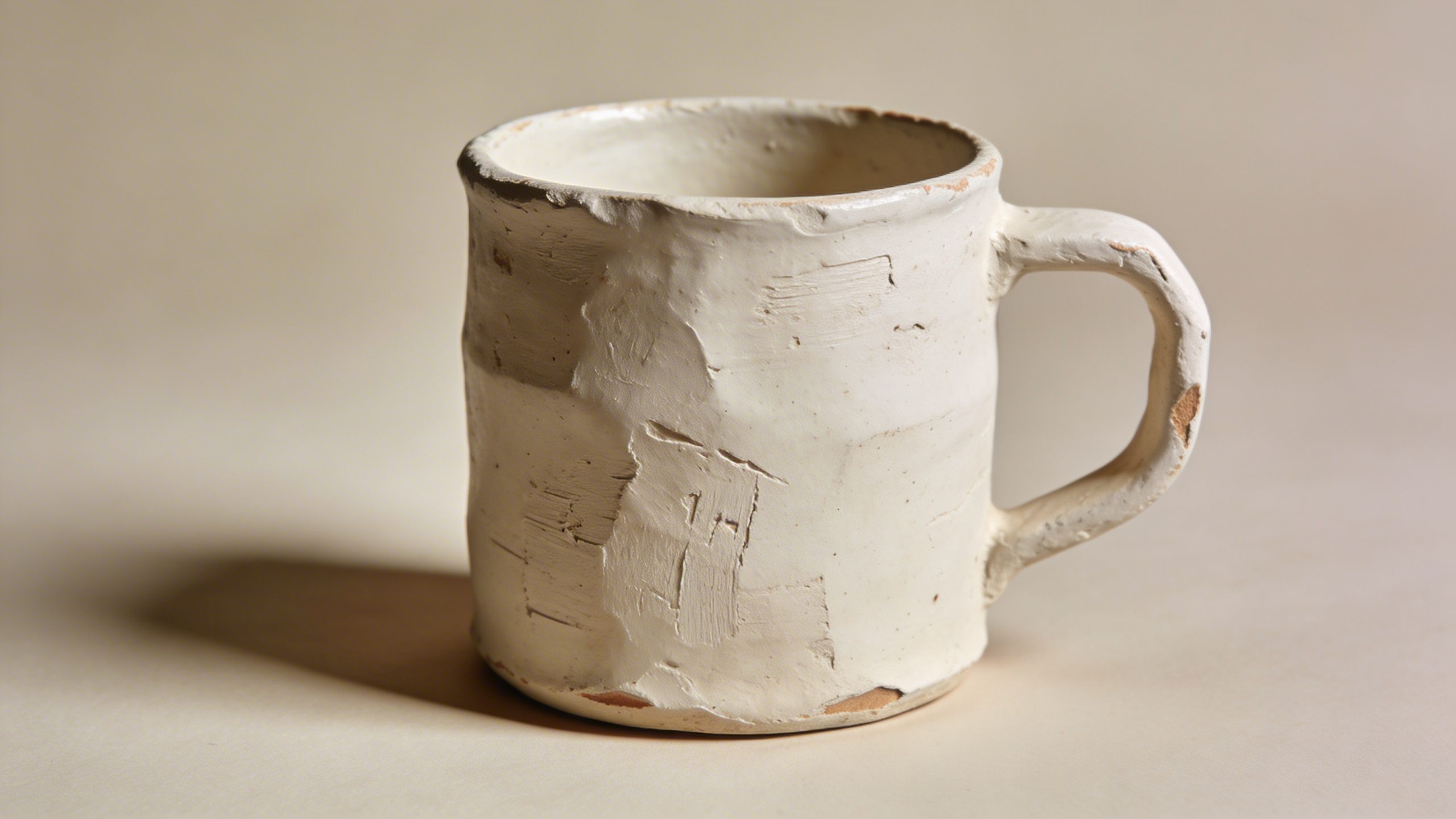 Closeup of a single upcycled mug on a neutral background