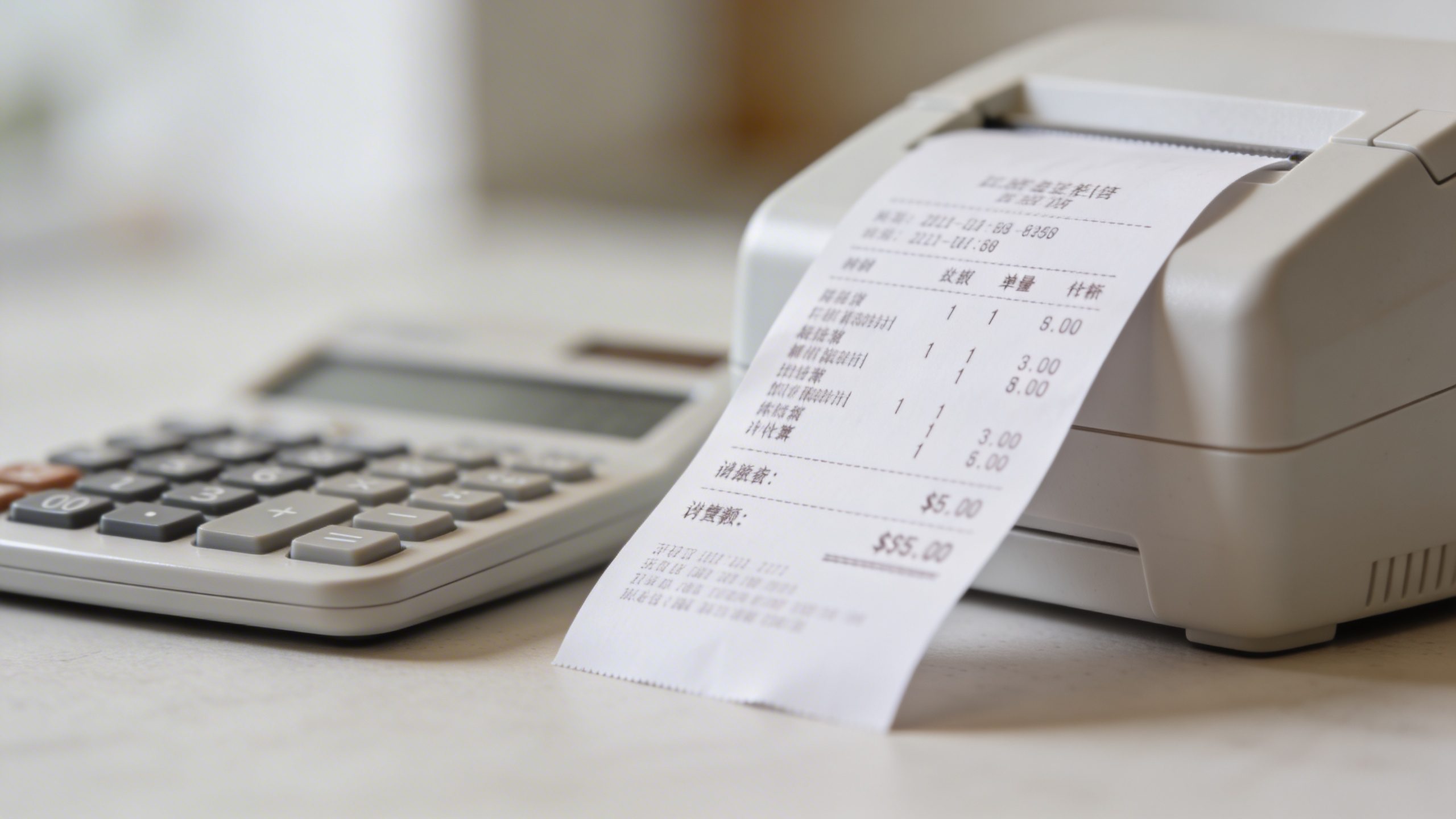 Closeup of a single receipt being scanned with a simple calculator nearby