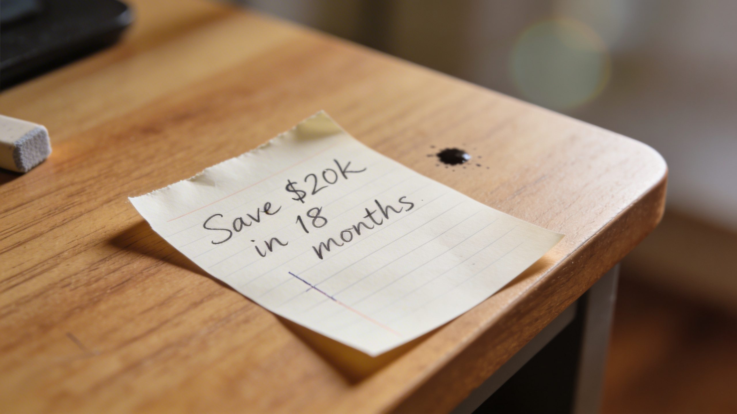 Closeup of a handwritten goal note on a desk, “Save $20k in 18 months”
