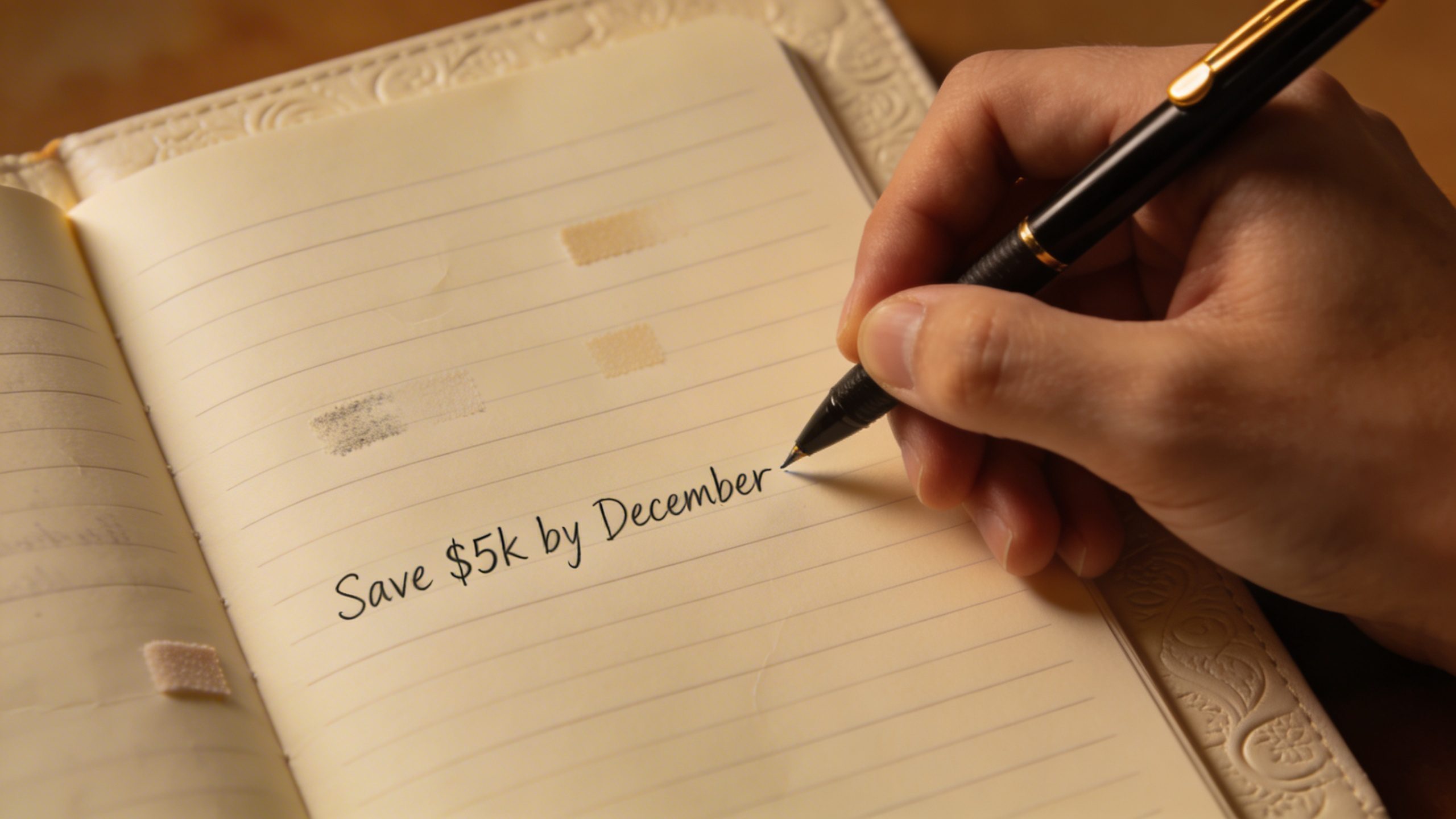 Closeup of a person writing “Save $5k by December” on a notebook