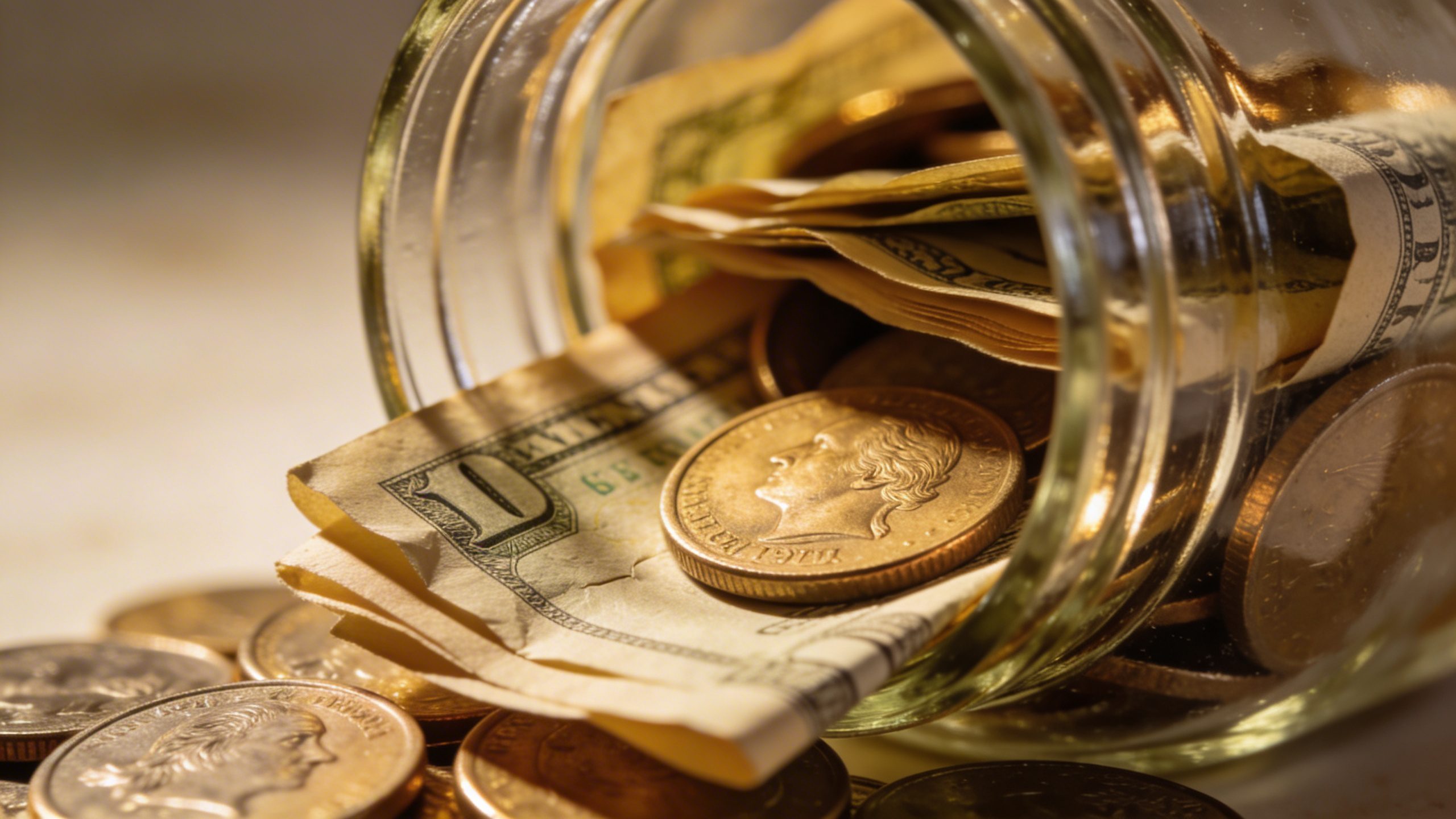 Closeup of a glass jar labeled “Emergency Fund” with coins and bills