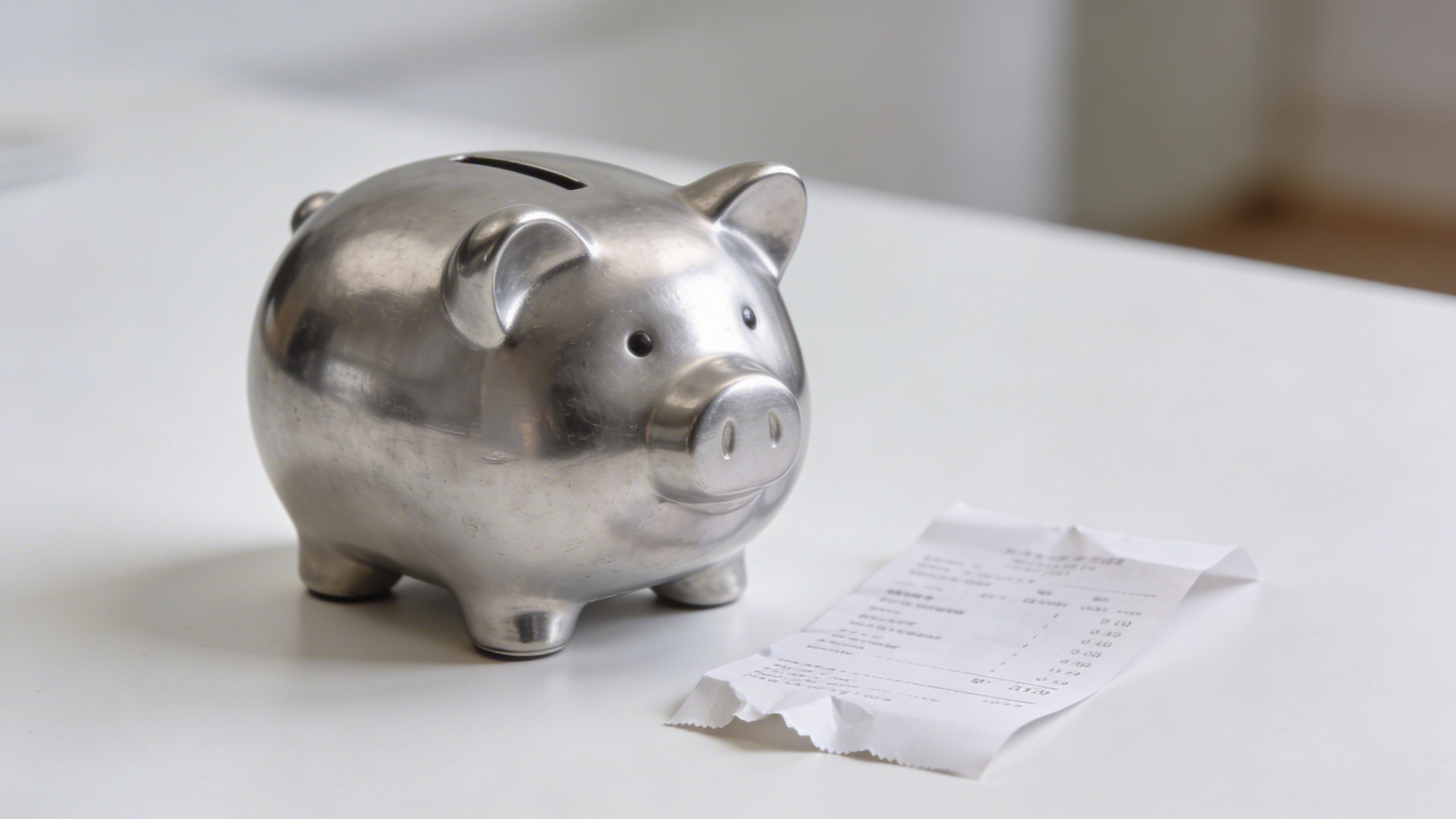 Closeup of a silver piggy bank beside a single receipt on a clean desk
