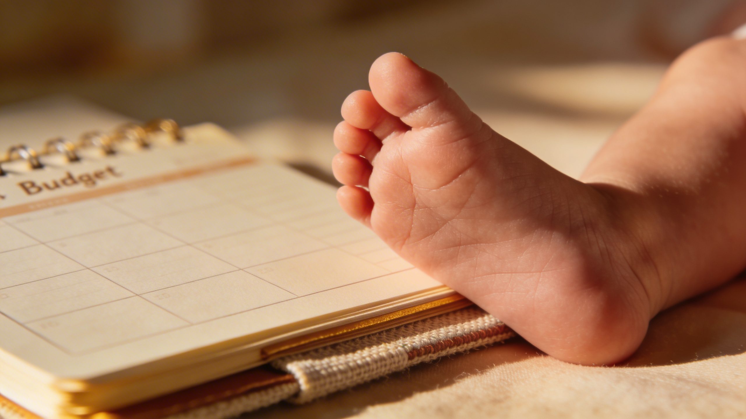 closeup of a newborn’s tiny feet beside a baby budget ledger