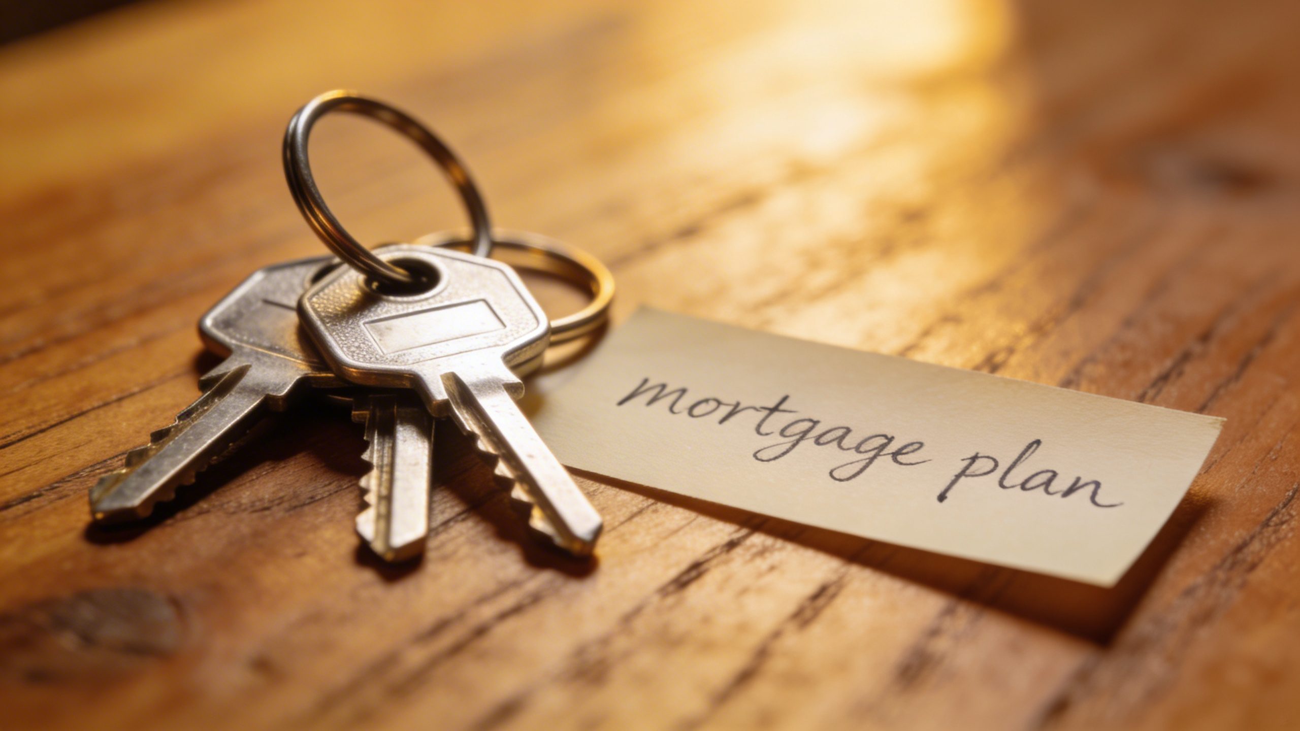 closeup of a house keys on a wooden table with a “mortgage plan” note