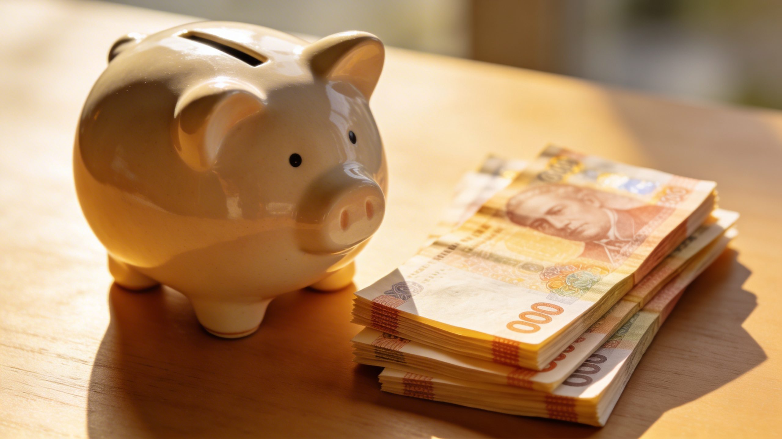 closeup of a single piggy bank and currency notes on a clean desk