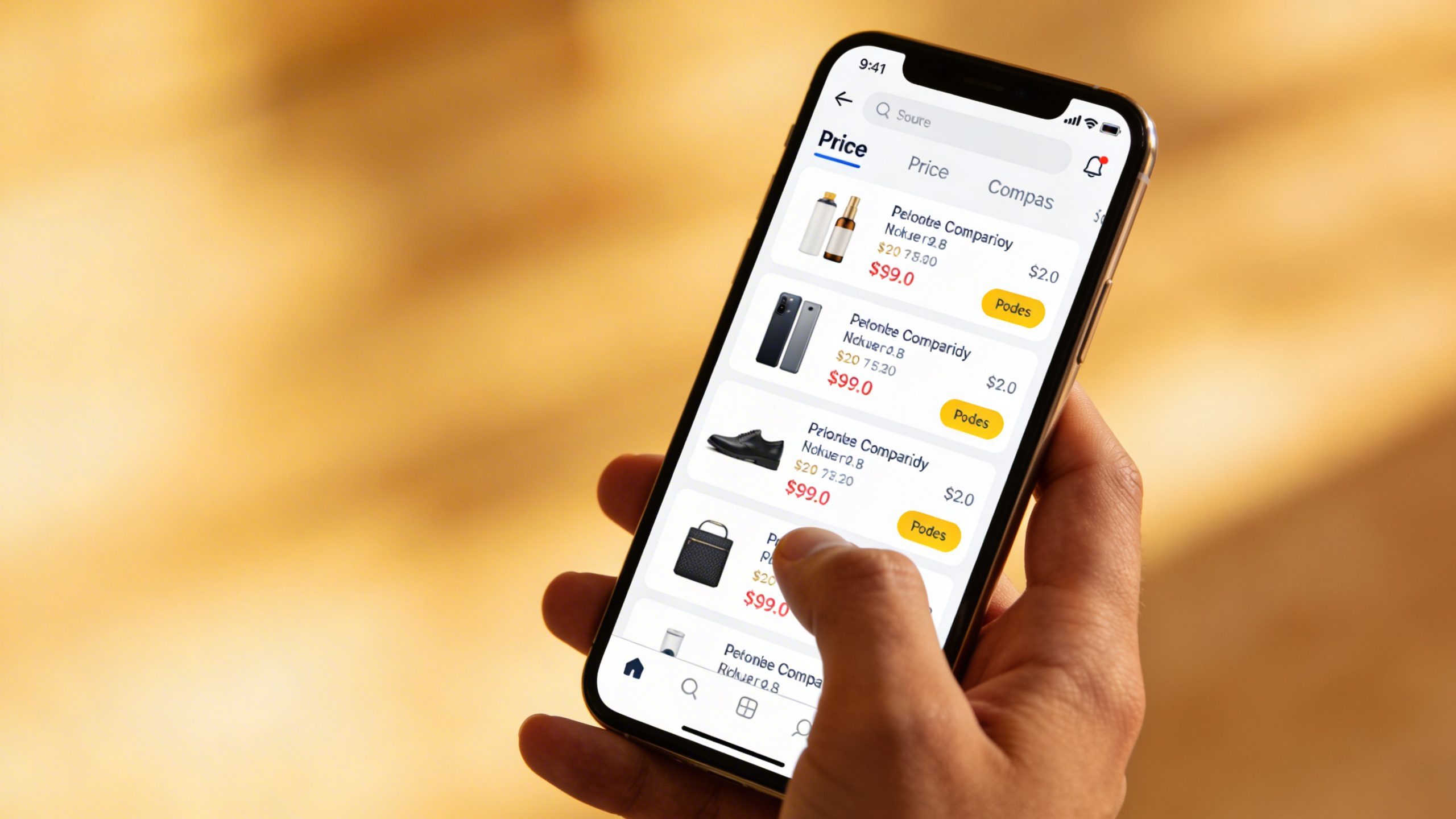 Closeup of a smartphone displaying a price-comparison app in hand