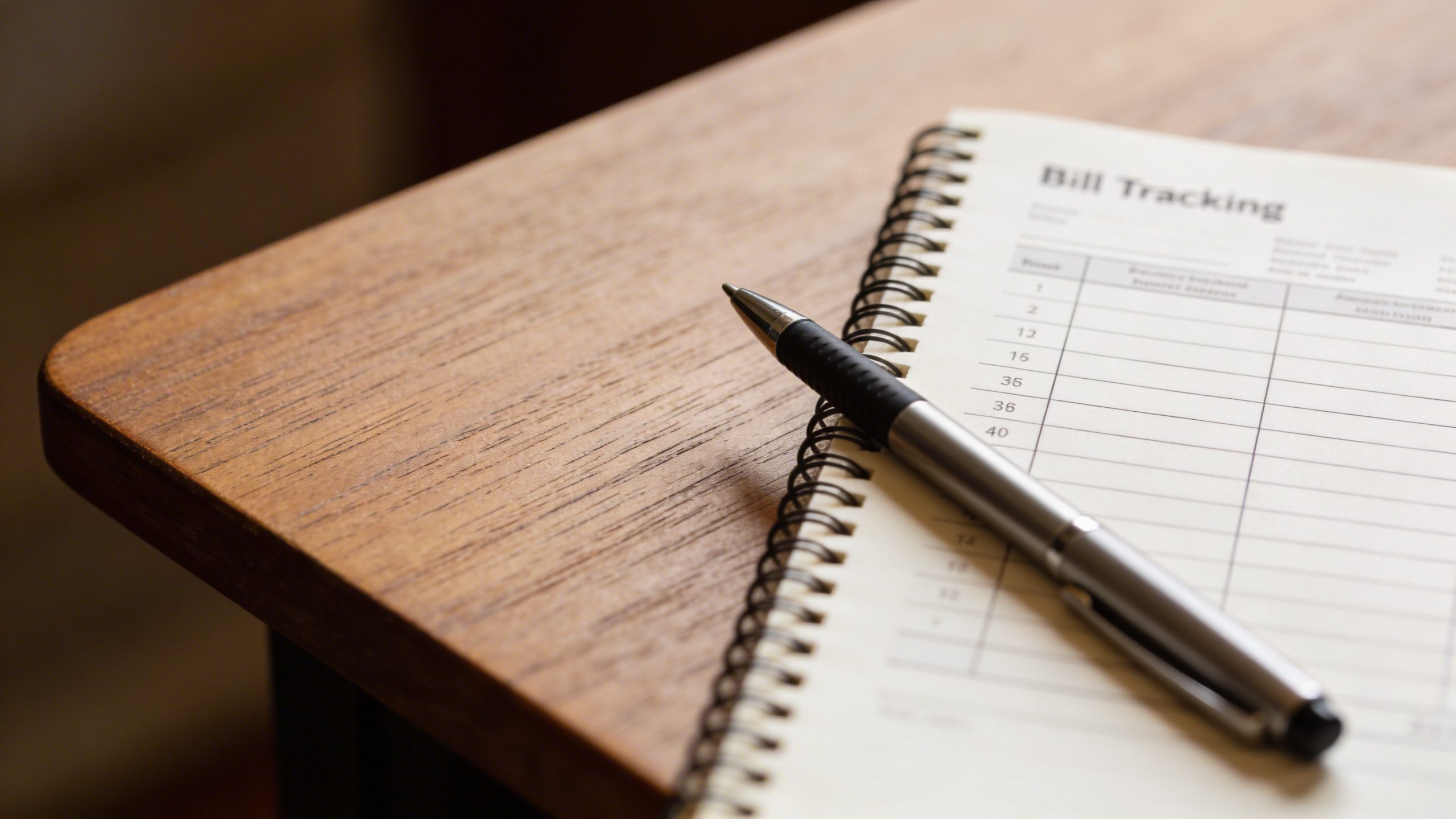 Focused shot of a lone bill-tracking notebook and pen