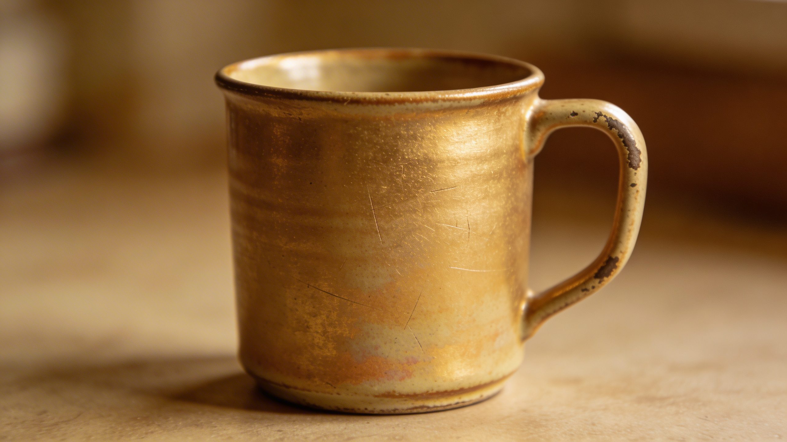 Closeup of a single reusable coffee mug with thrifted texture