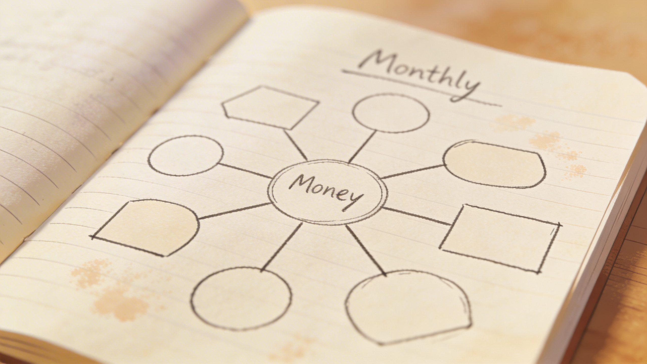 Closeup of a handwritten monthly money map on notebook page