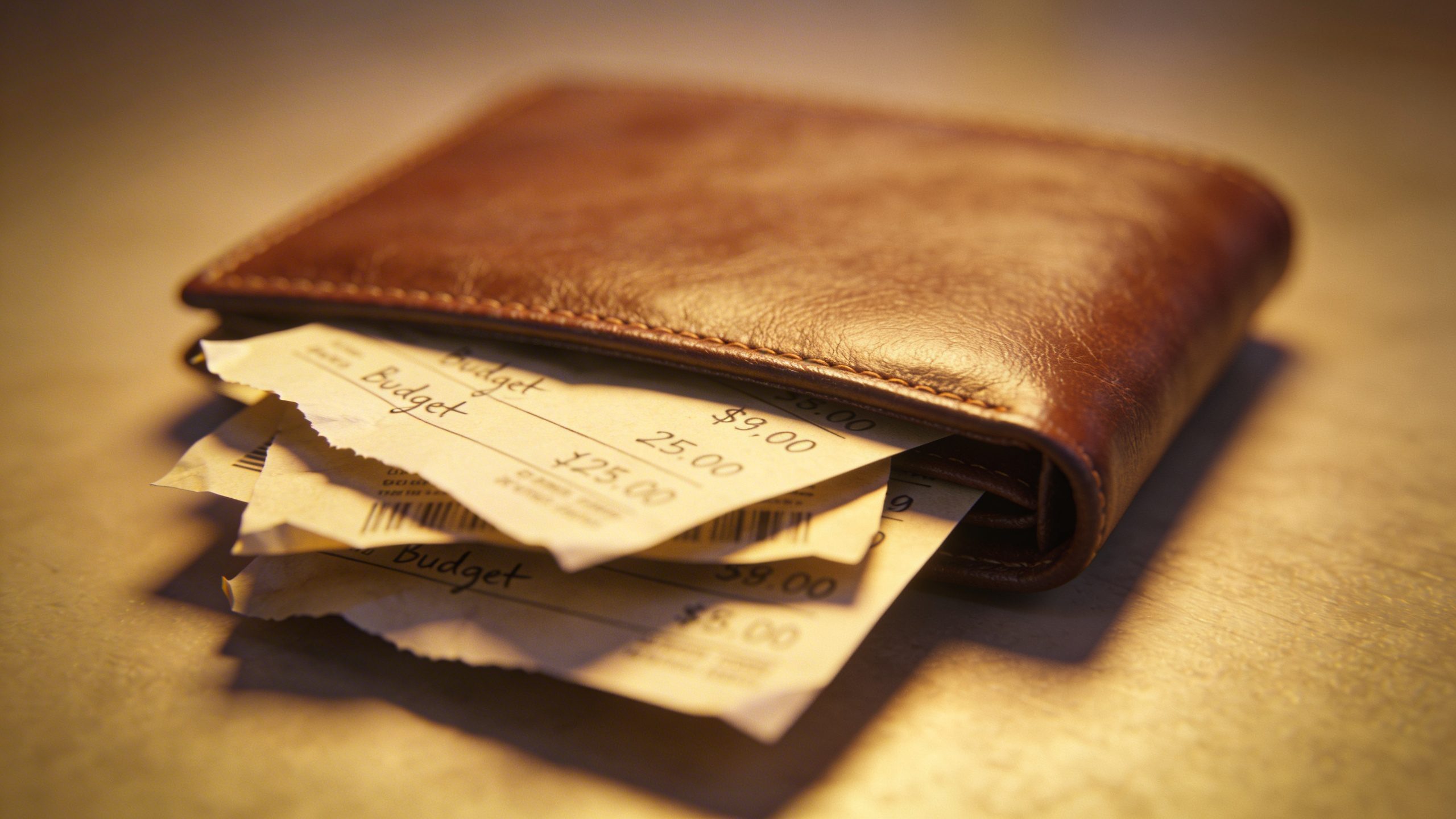 Closeup of a single wallet with visible budget notes inside