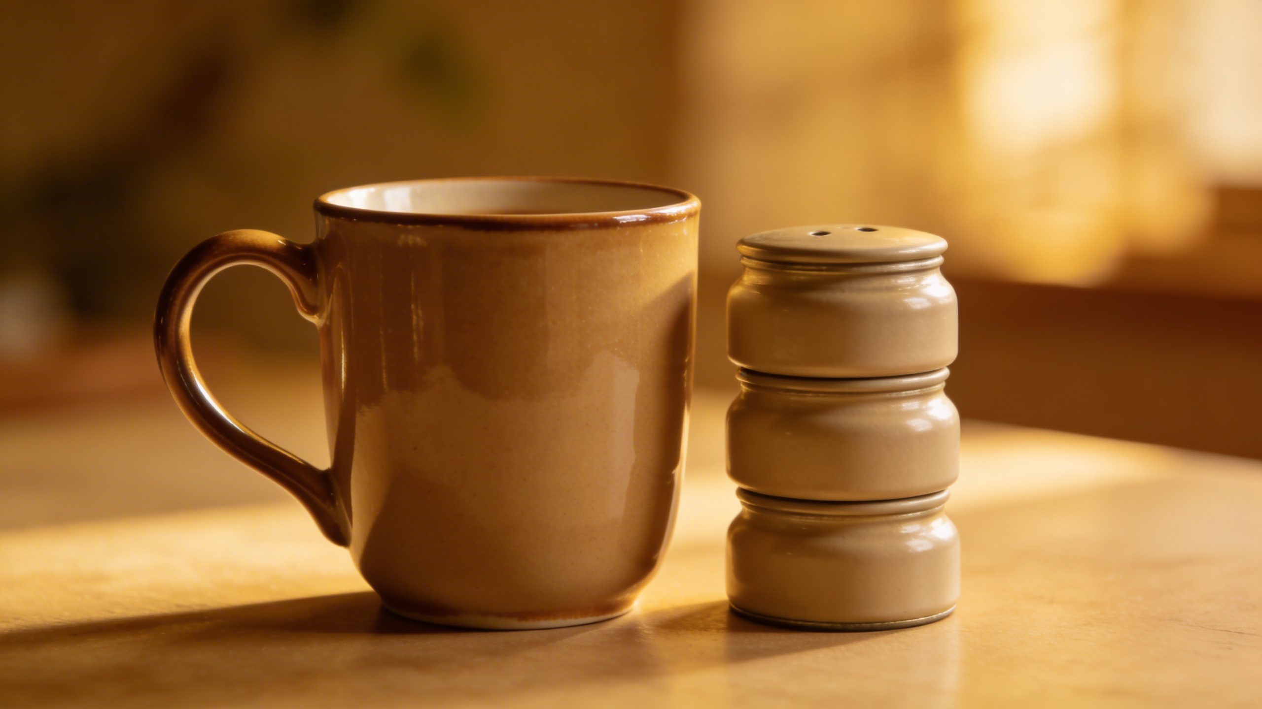 Closeup of a single coffee mug next to a small stack of labeled savings jars