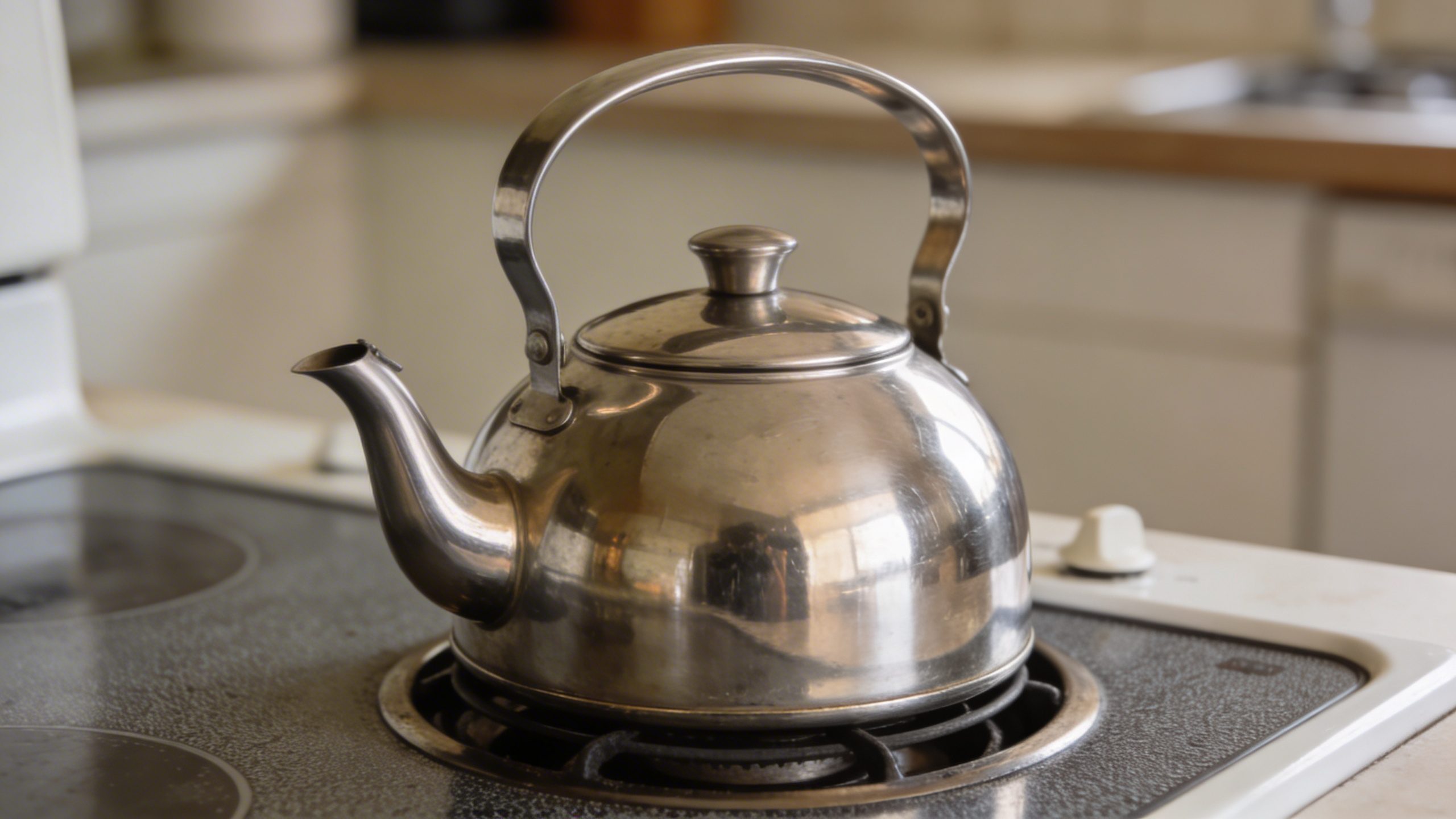 closeup of a single durable stainless steel kettle on a stovetop
