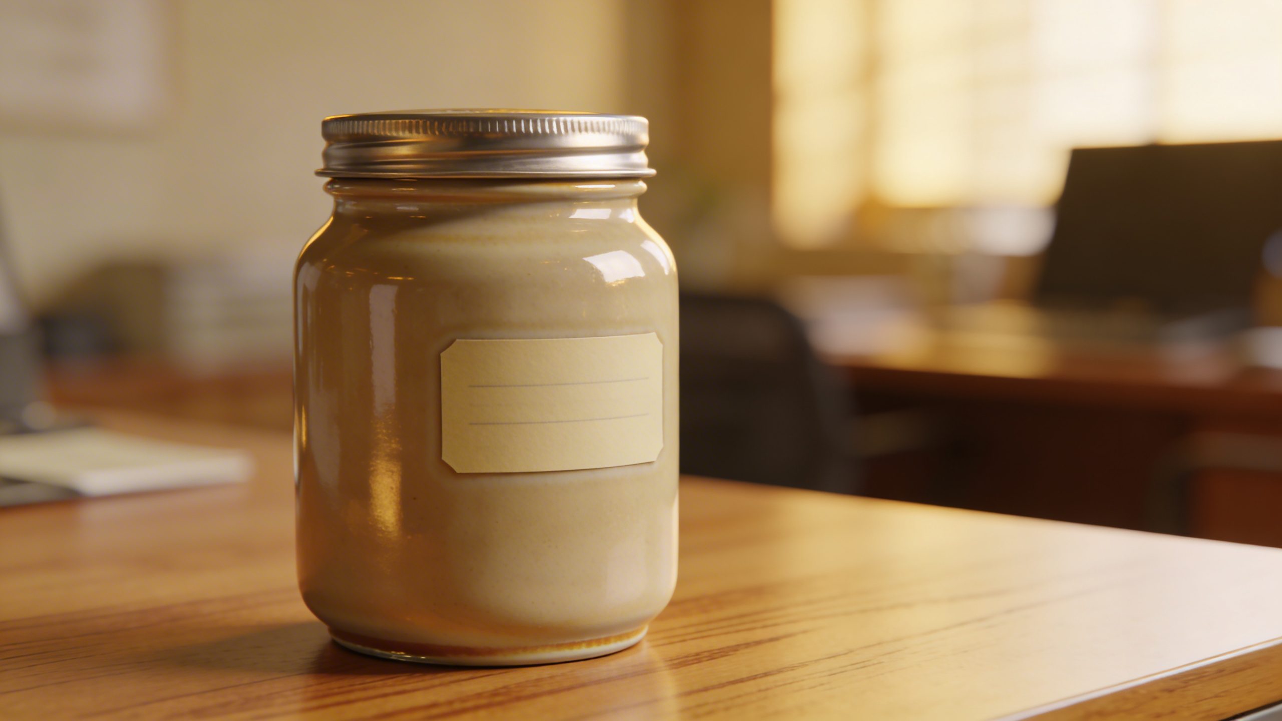 Closeup of a single neatly labeled savings jar on a clean wooden desk