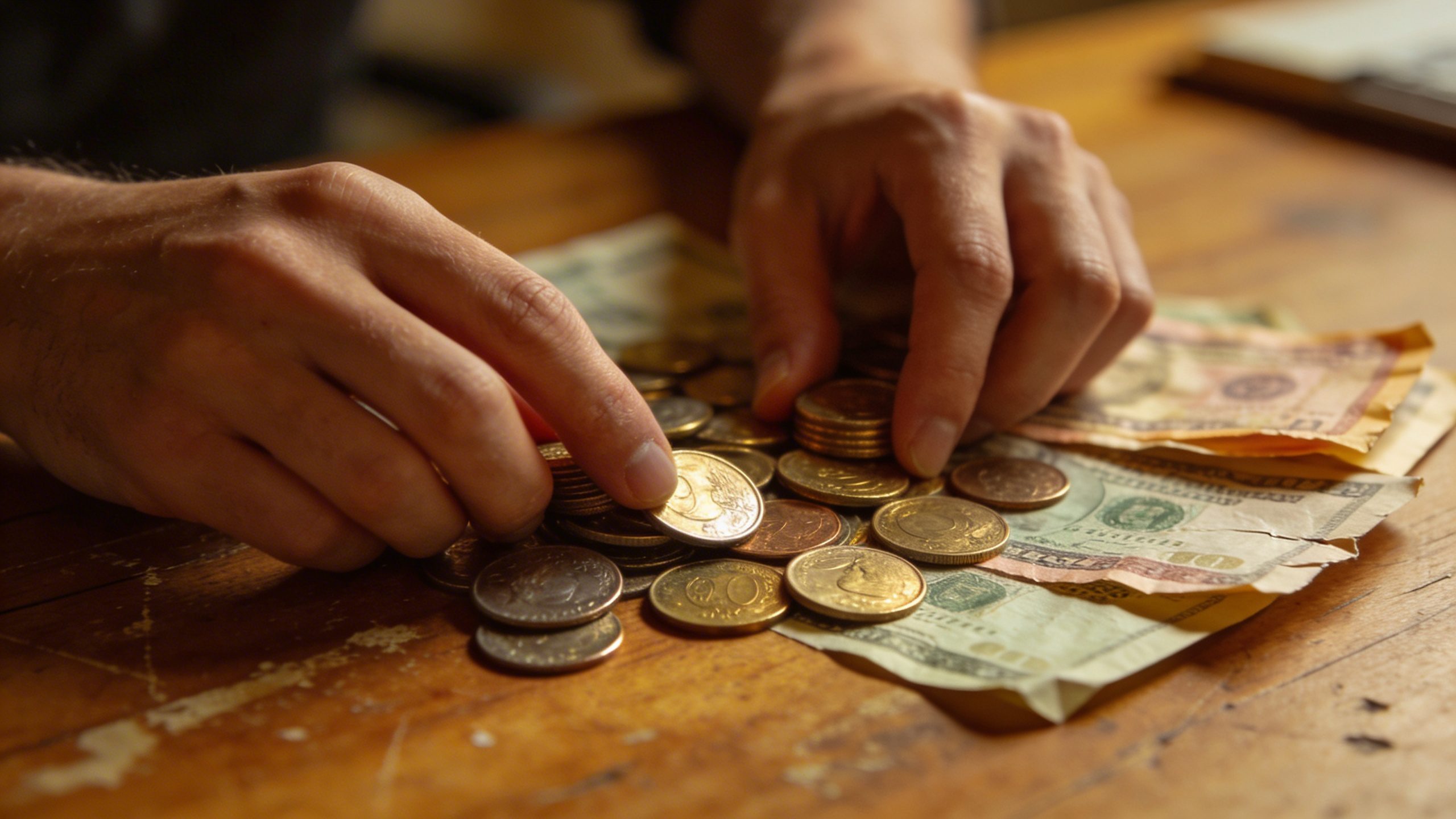 Closeup of a person counting coins and bills on a desk