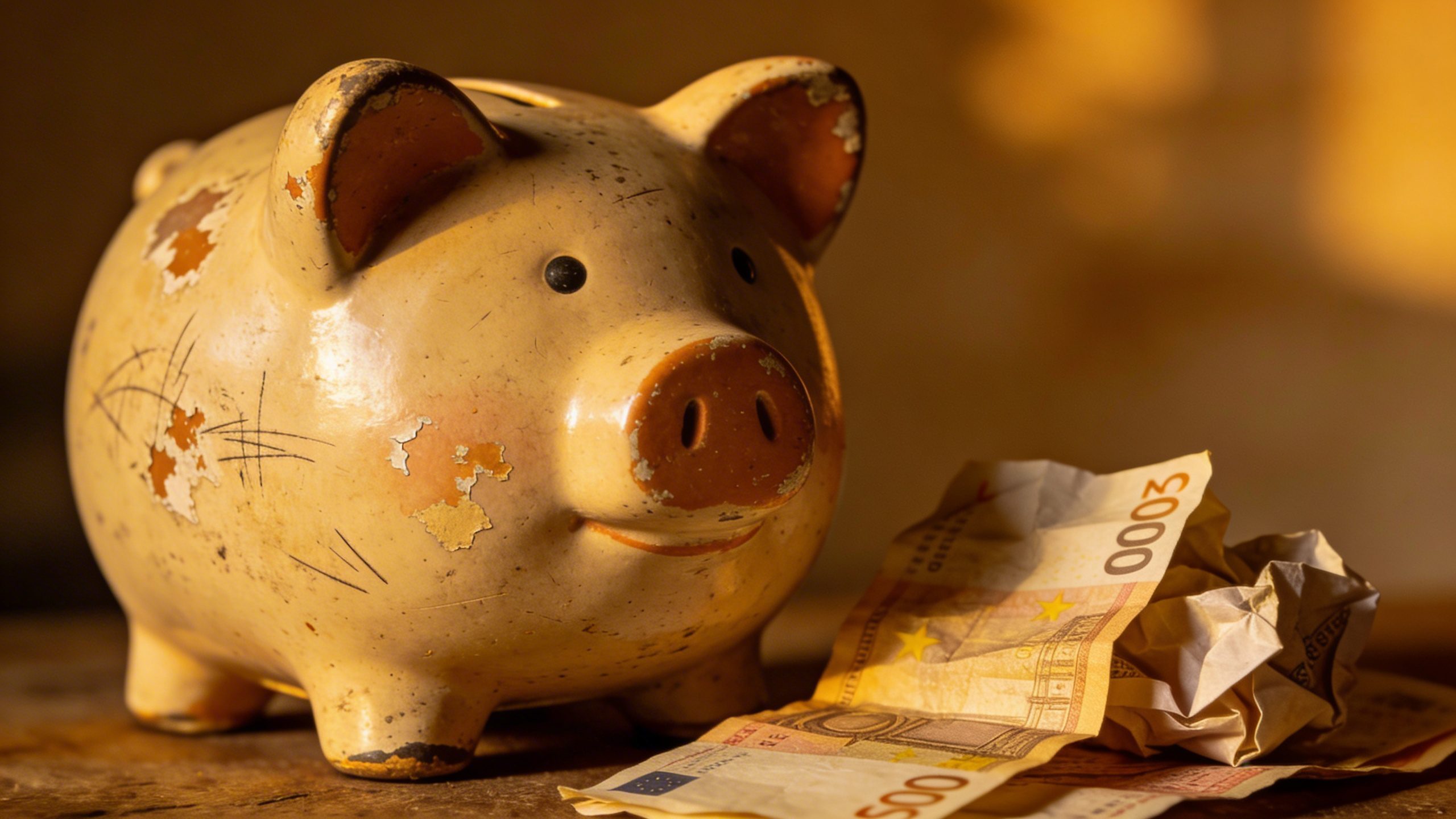Closeup of a single, well-worn piggy bank beside budget notes